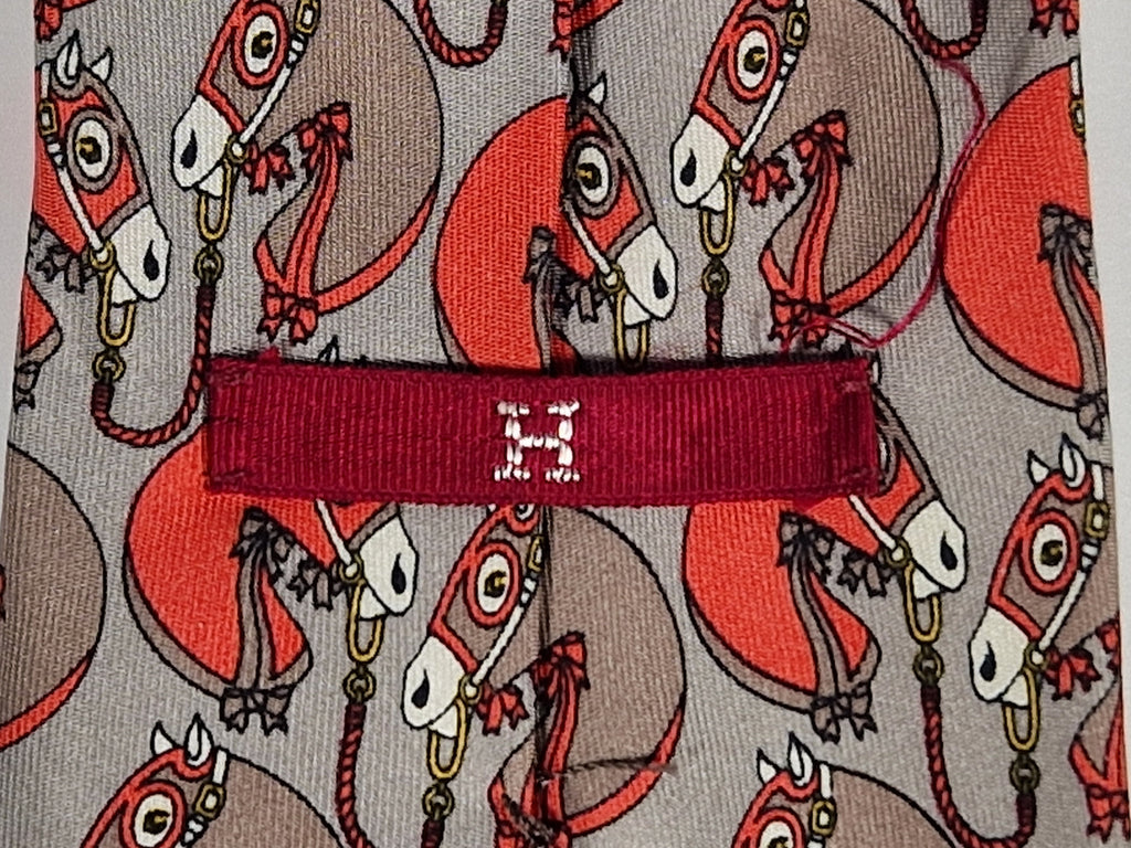 Hermés wide vintage silk tie grey and orange horse 613 SA