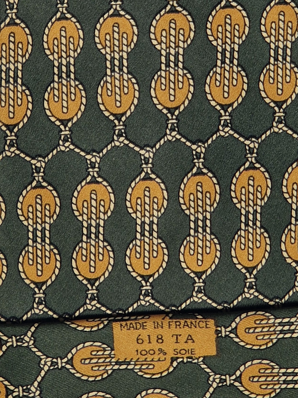 Hermés wide vintage silk tie rope and pulley green and yellow 618 TA