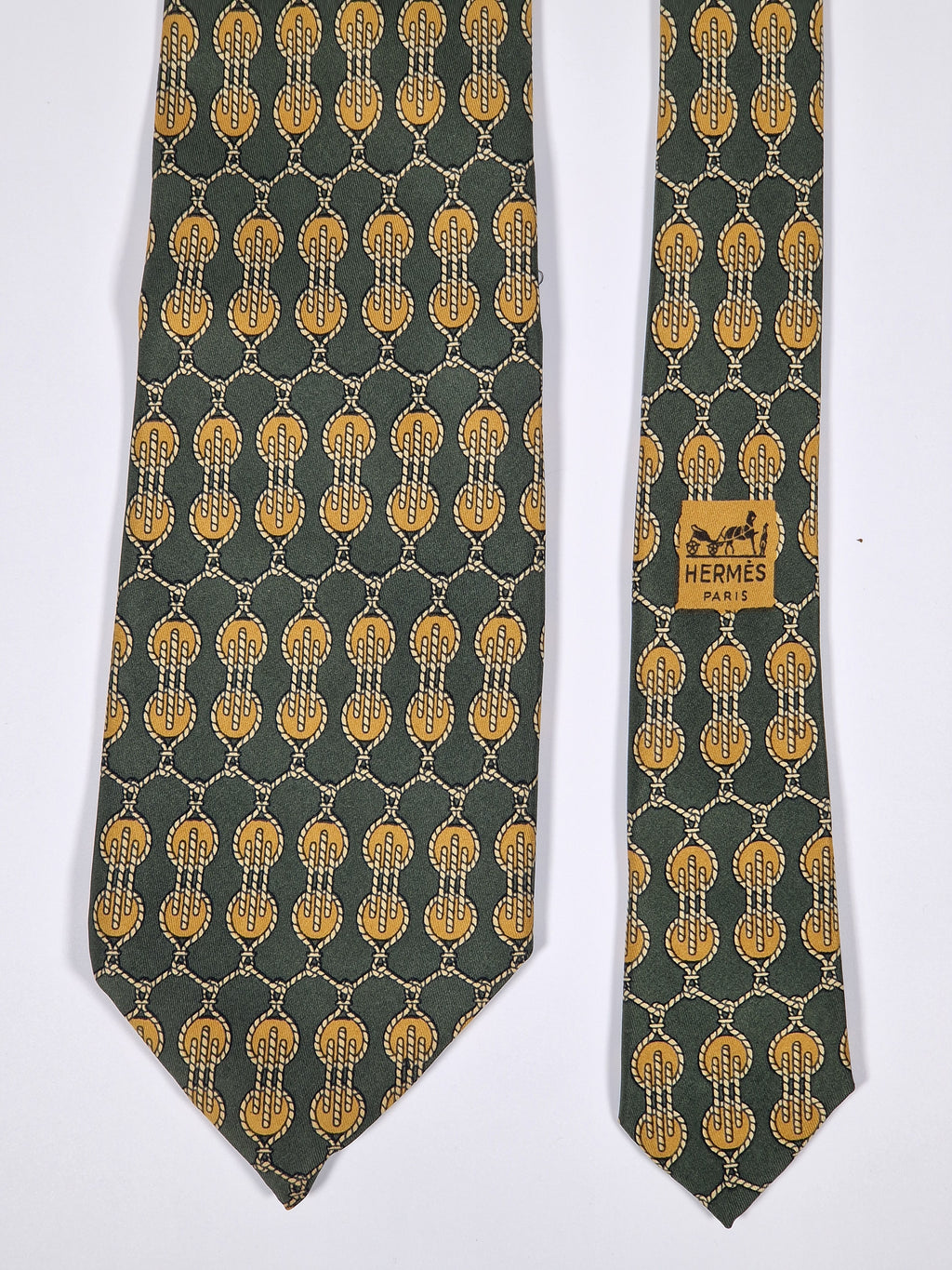 Hermés wide vintage silk tie rope and pulley green and yellow 618 TA