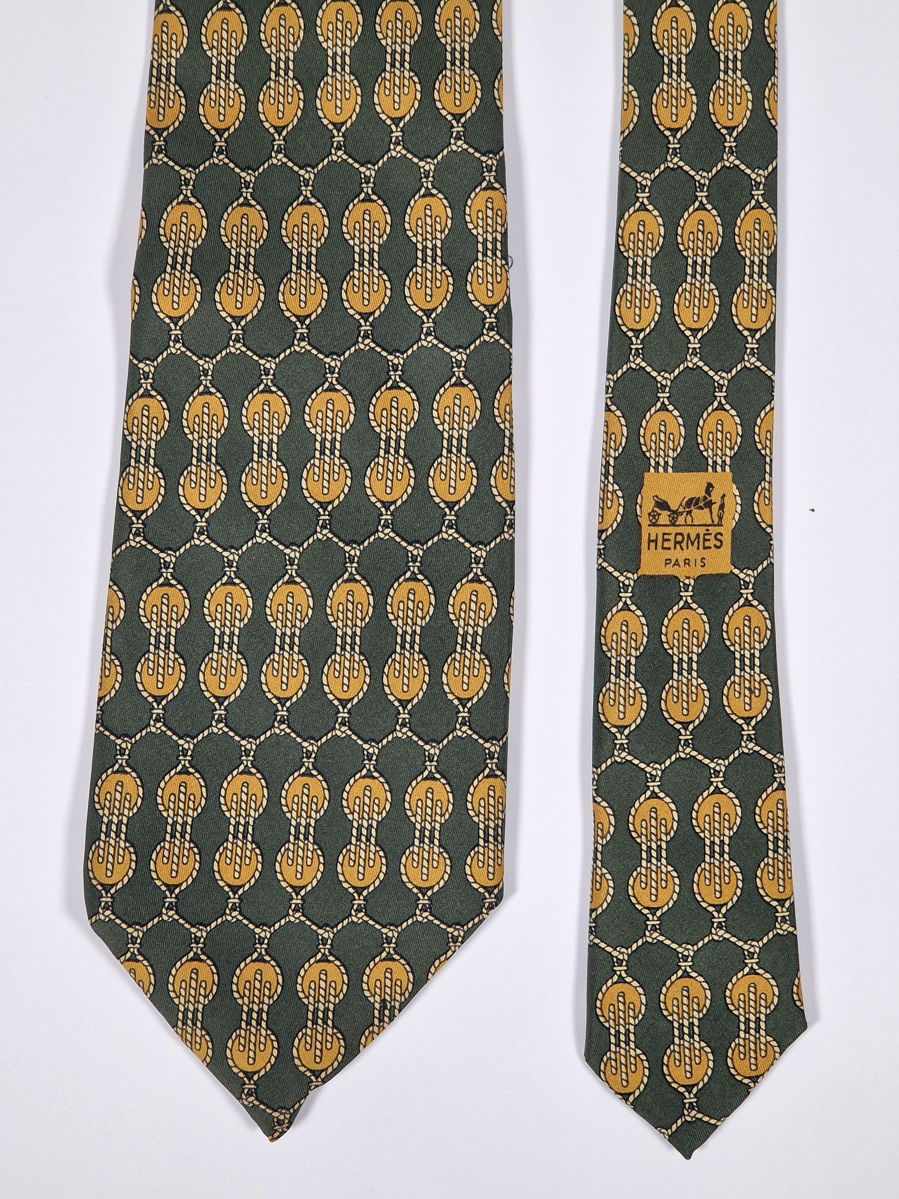 Hermés wide vintage silk tie rope and pulley green and yellow 618 TA