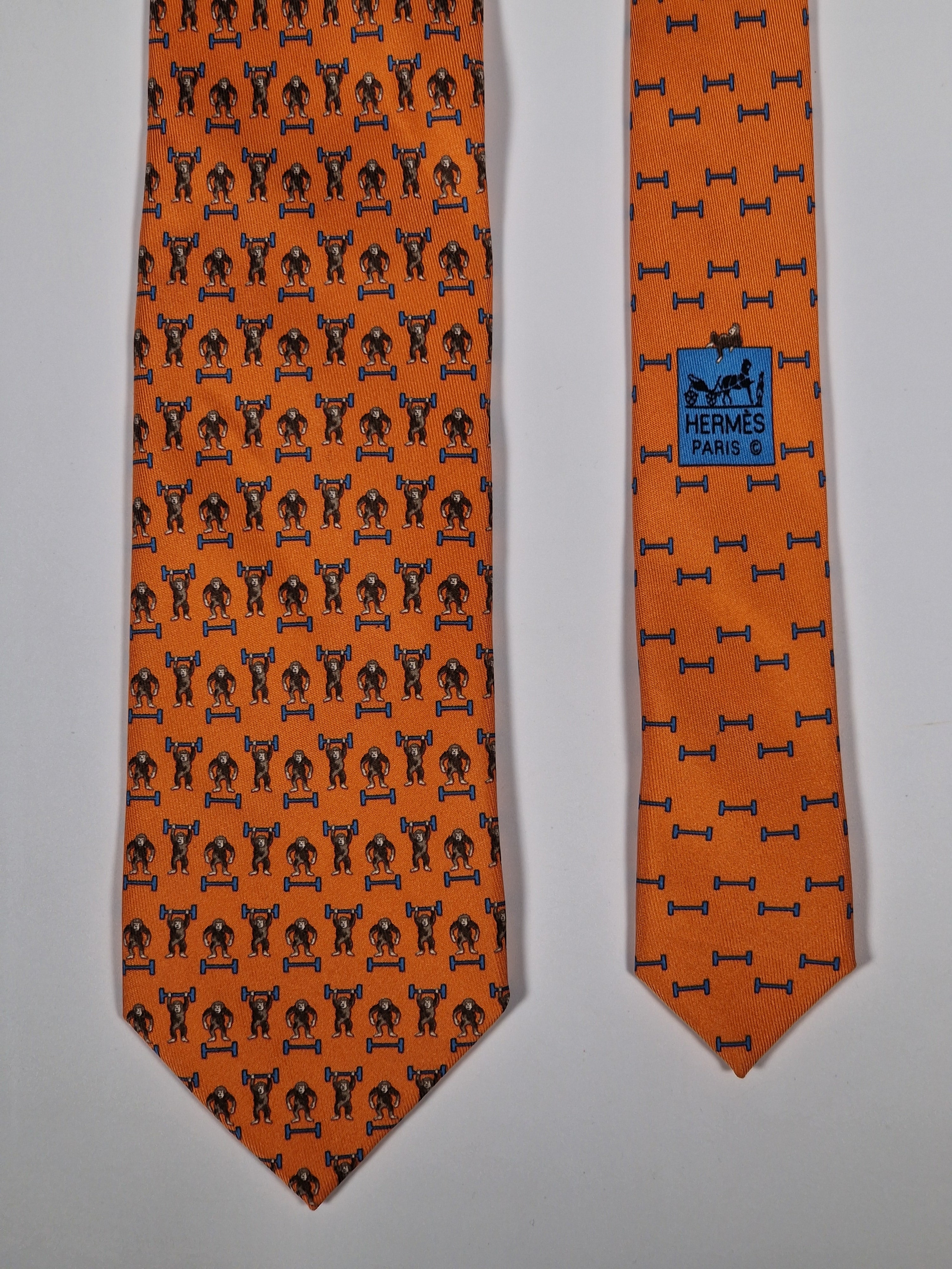 Hermès silk tie orange Monkey H pattern Whimsical 625660 EA