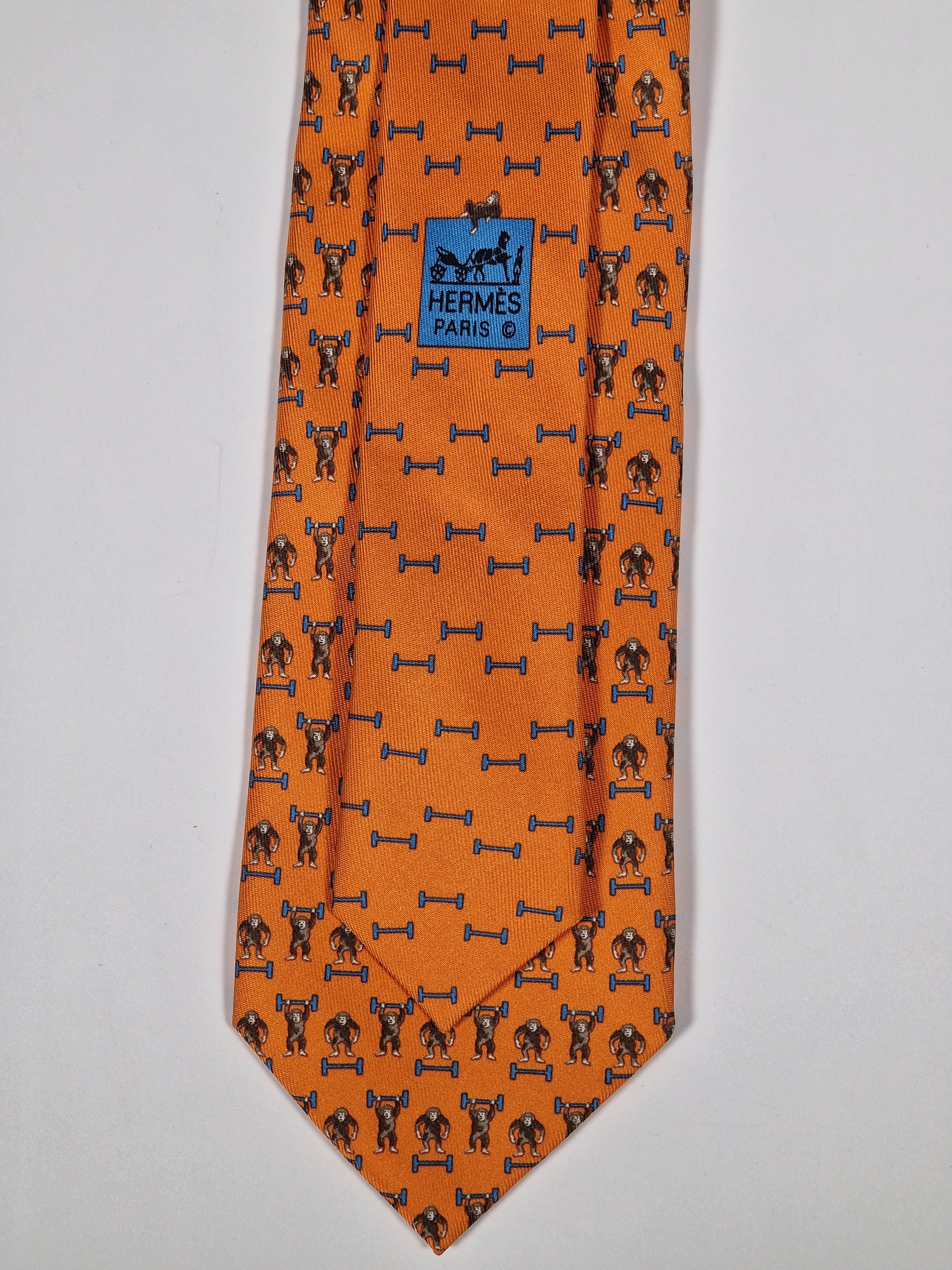 Hermès silk tie orange Monkey H pattern Whimsical 625660 EA