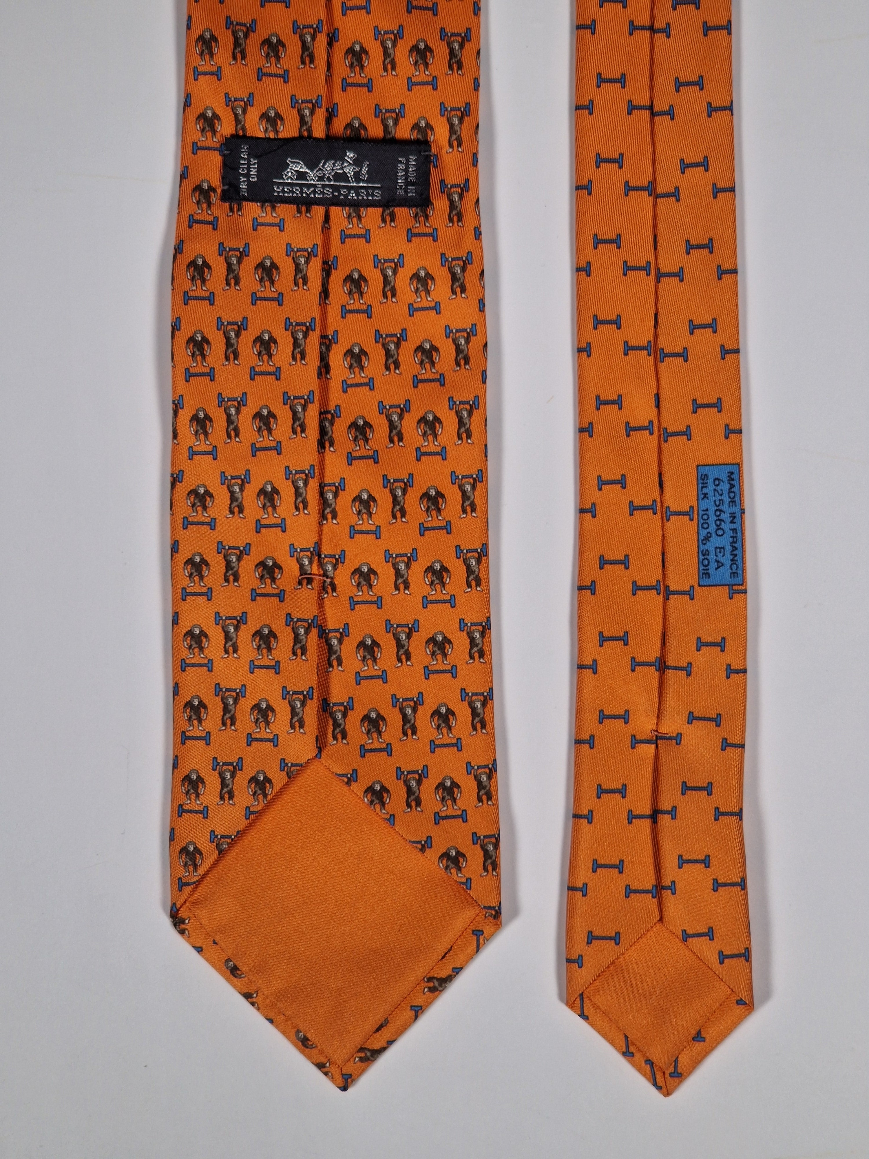 Hermès silk tie orange Monkey H pattern Whimsical 625660 EA