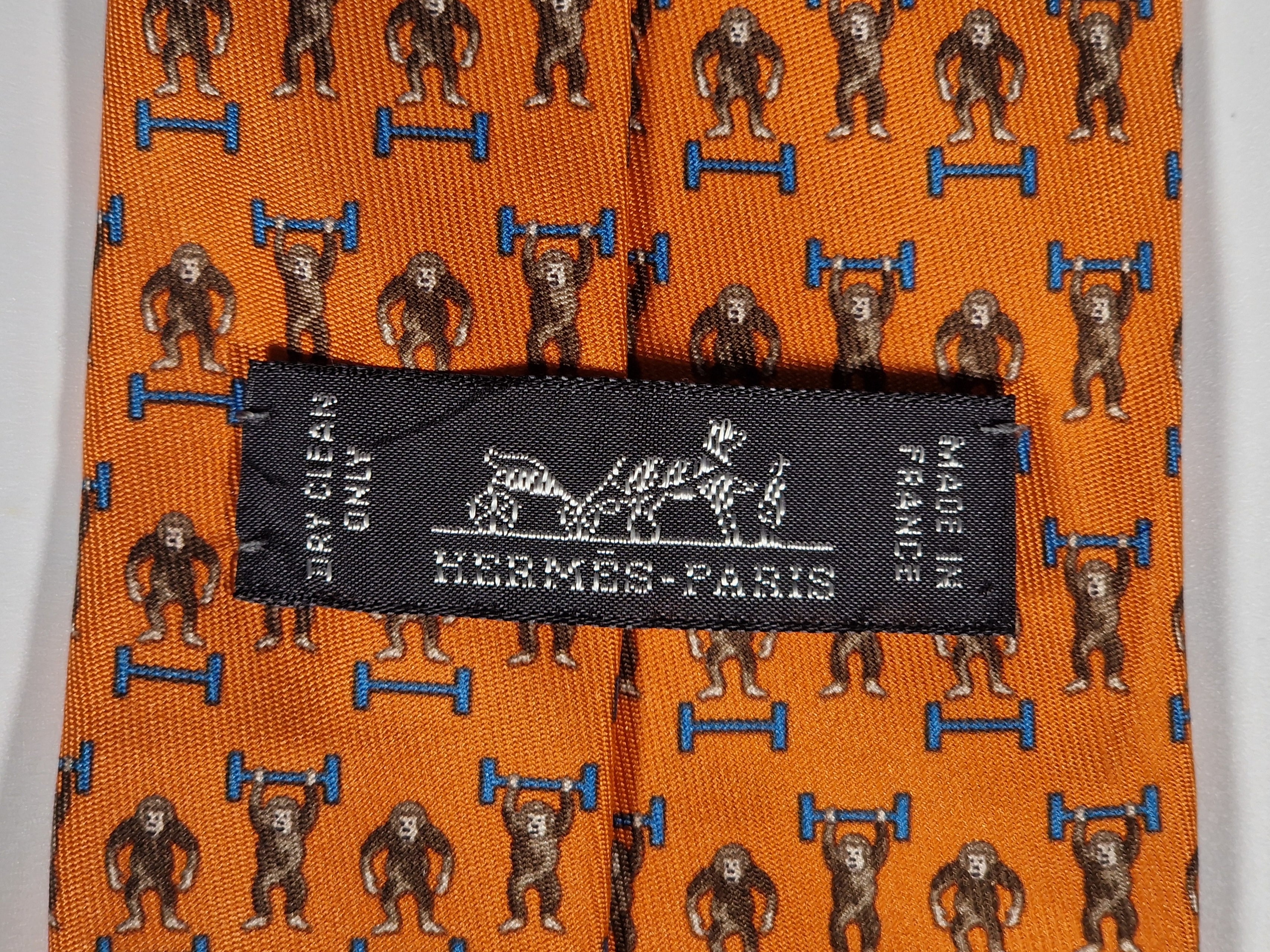 Hermès silk tie orange Monkey H pattern Whimsical 625660 EA