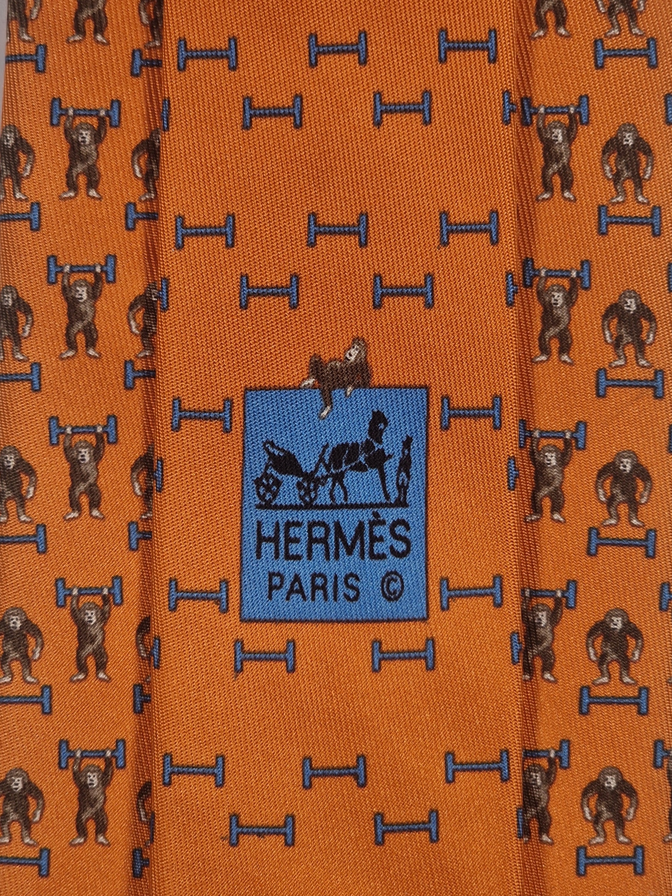 Hermès silk tie orange Monkey H pattern Whimsical 625660 EA