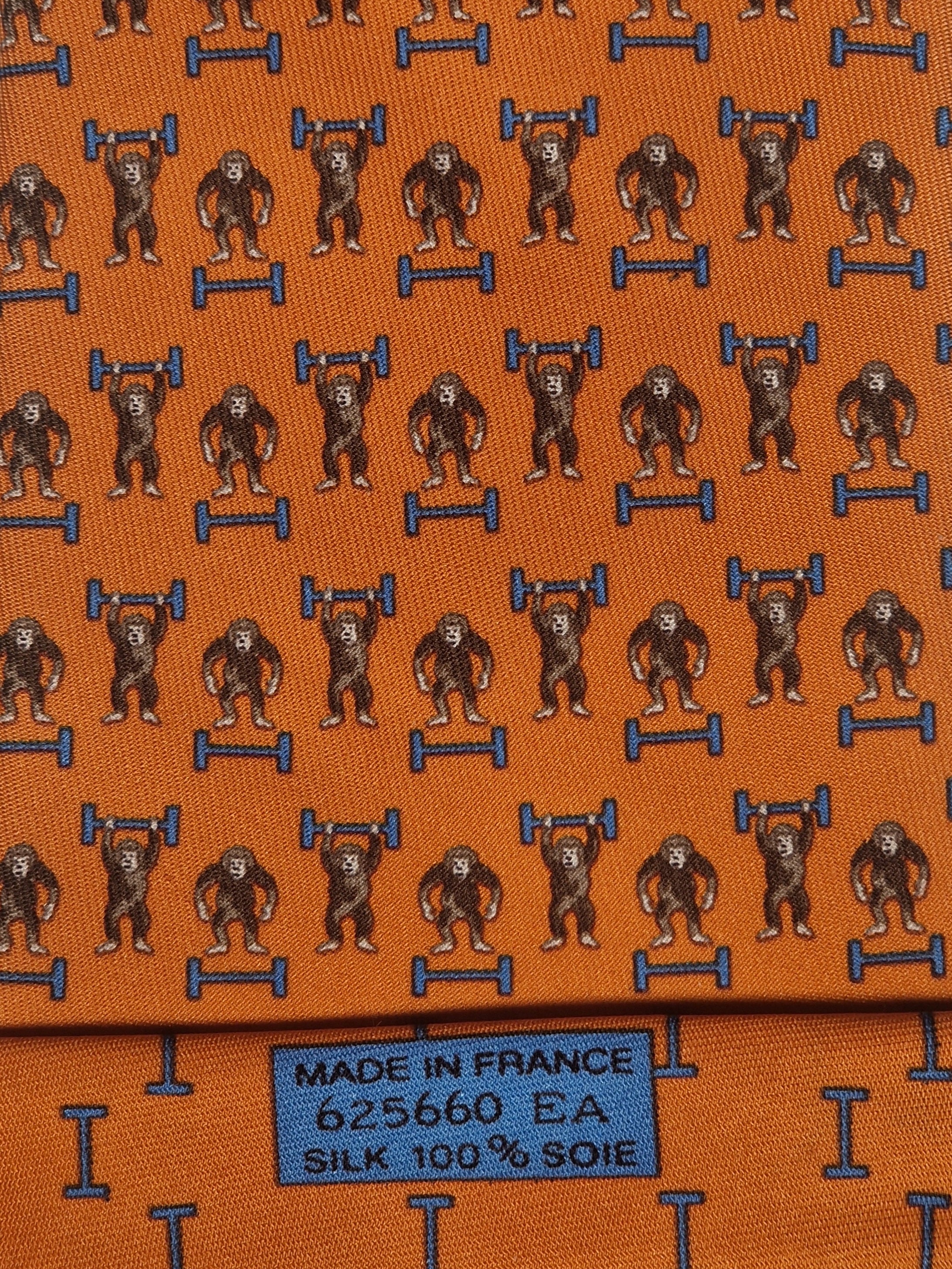 Hermès silk tie orange Monkey H pattern Whimsical 625660 EA