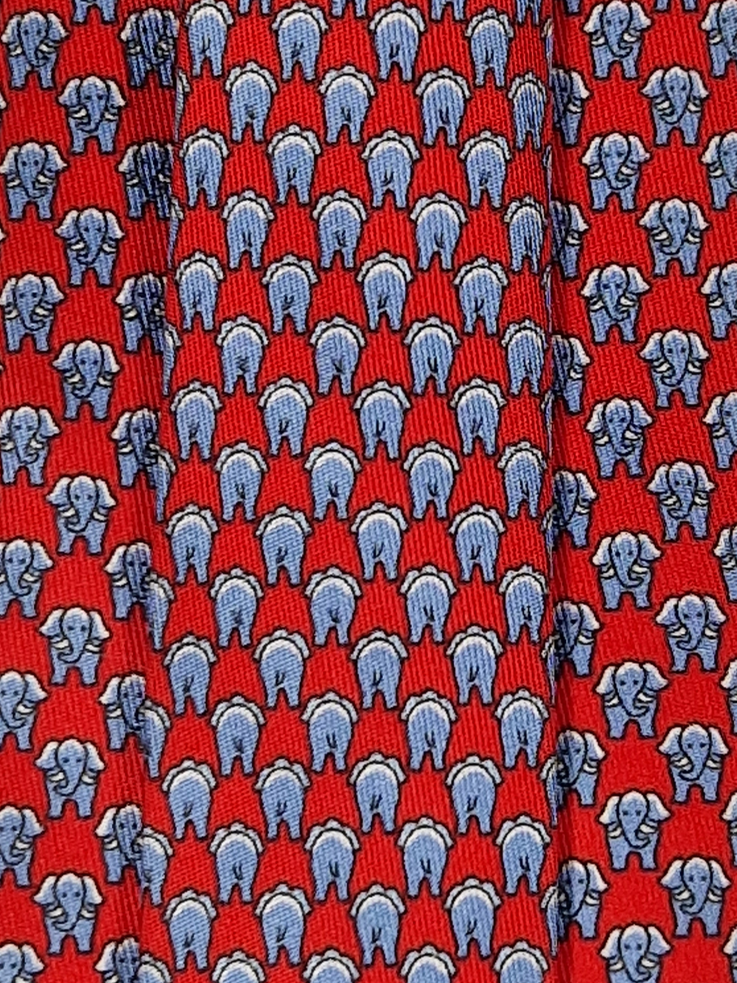 Hermès silk tie red whimsical elephant pattern 625780 HA