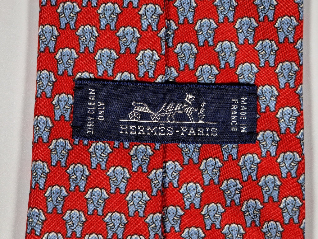 Hermès silk tie red whimsical elephant pattern 625780 HA