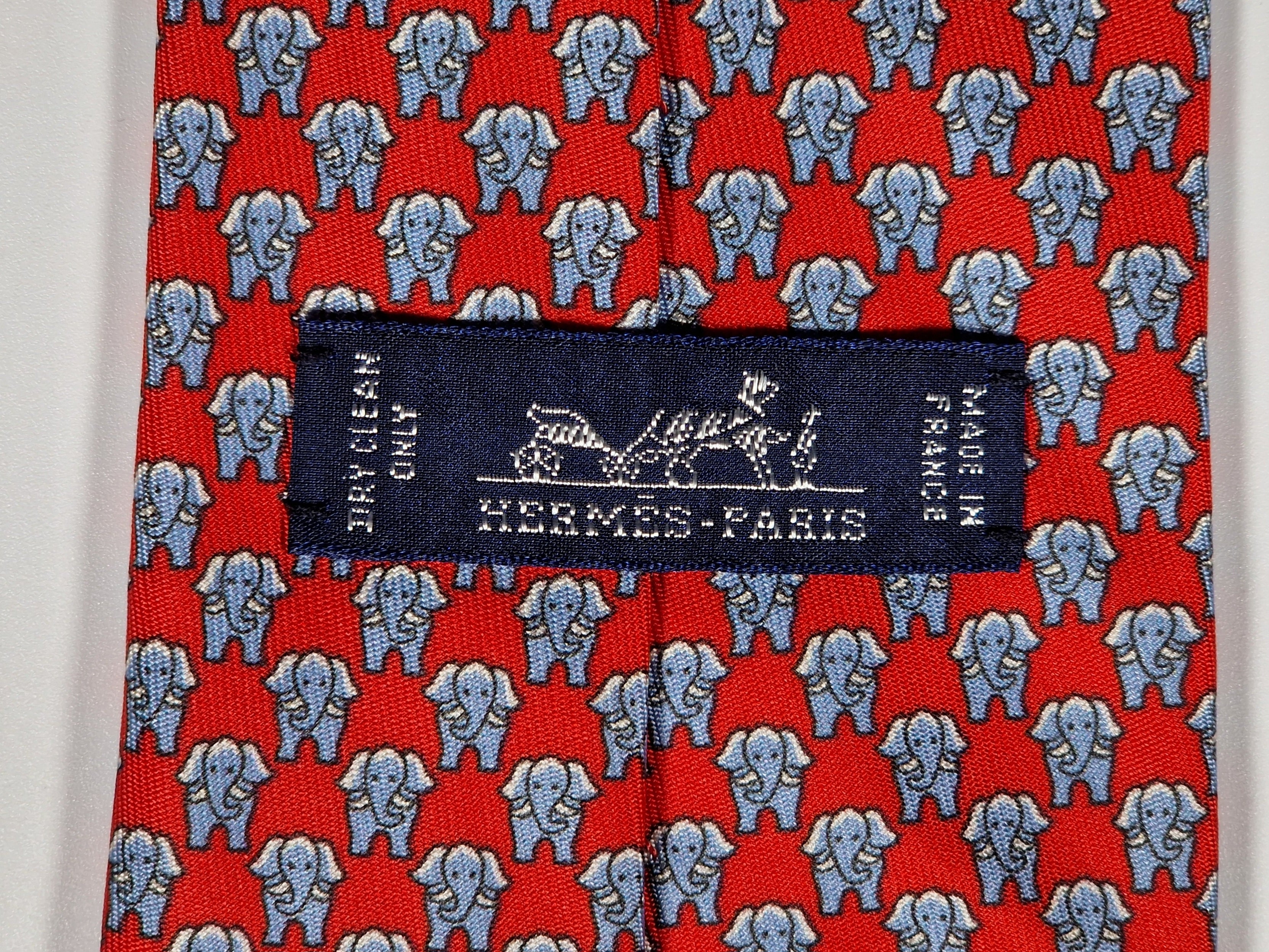 Hermès silk tie red whimsical elephant pattern 625780 HA