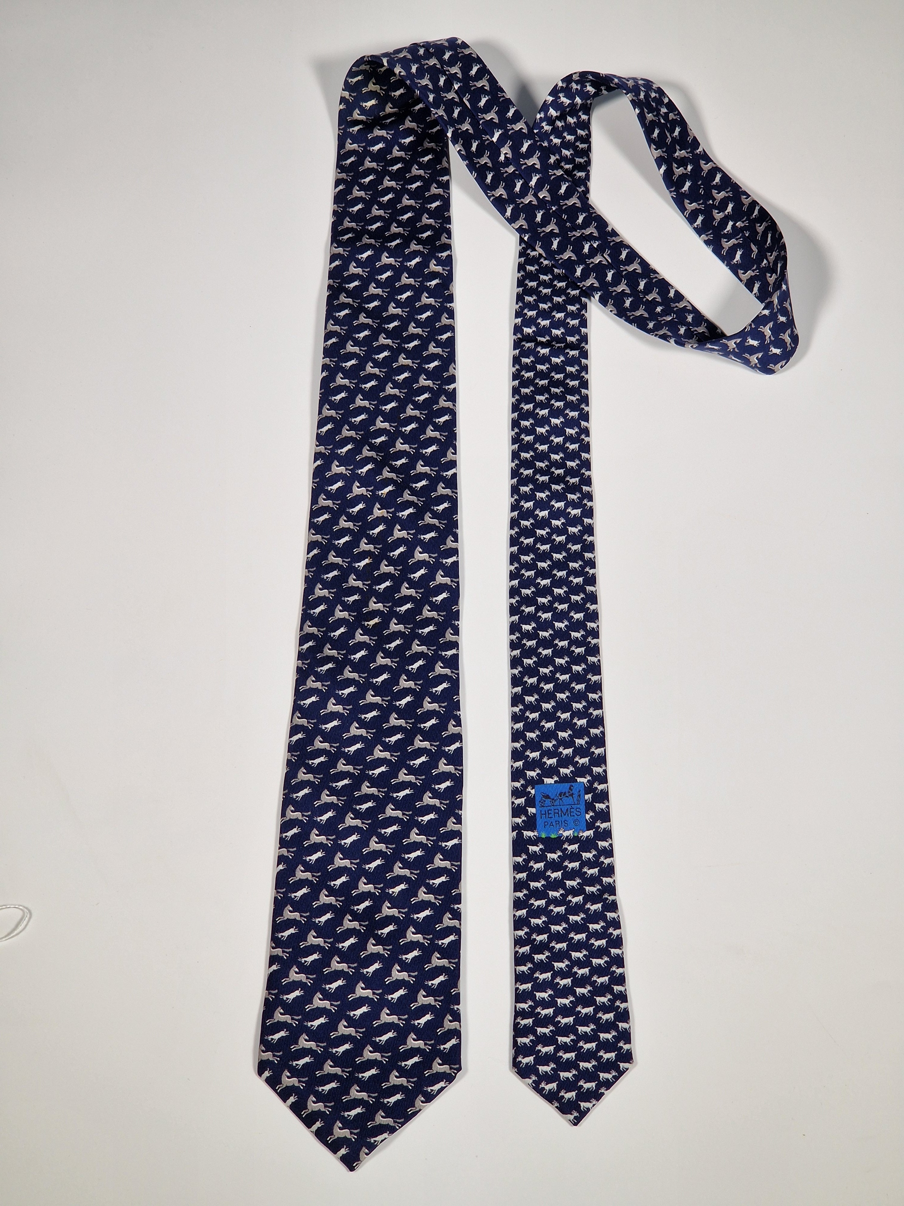 625800 Hermès silk tie blue whimsical angry goat and horse 625800 HA