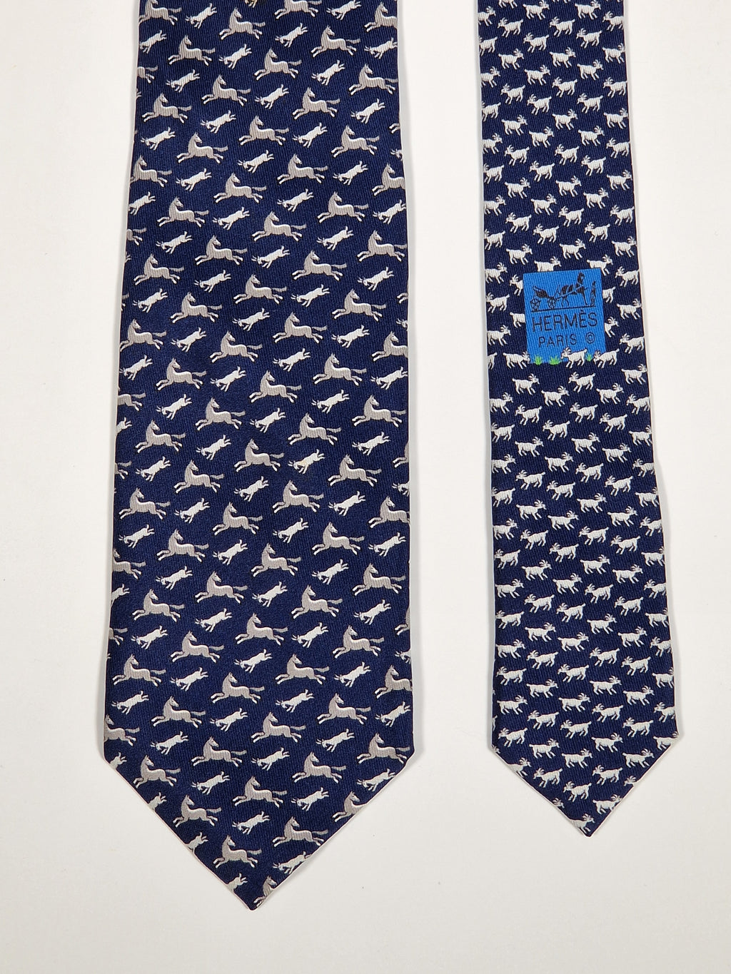 625800 Hermès silk tie blue whimsical angry goat and horse 625800 HA