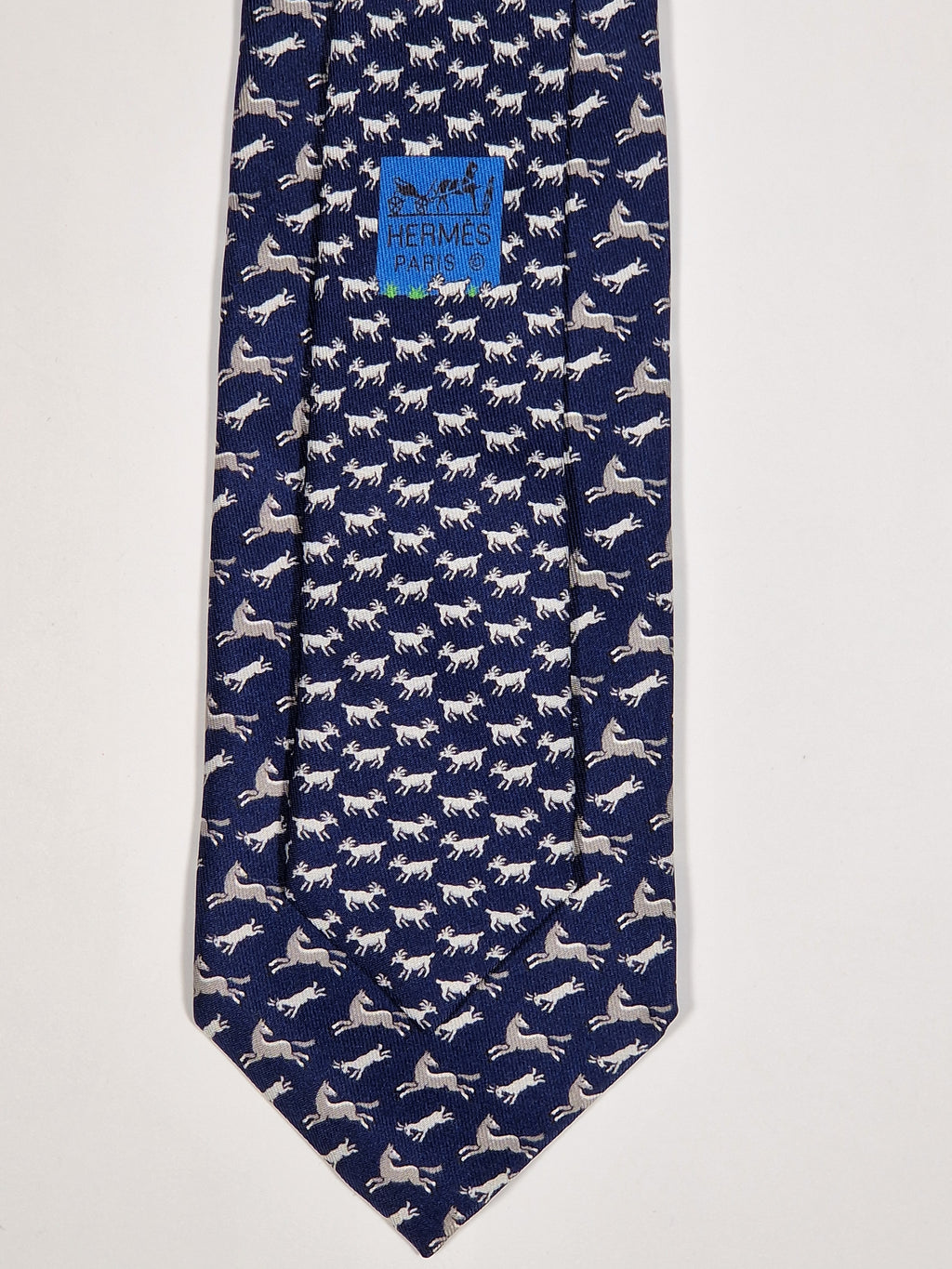 625800 Hermès silk tie blue whimsical angry goat and horse 625800 HA