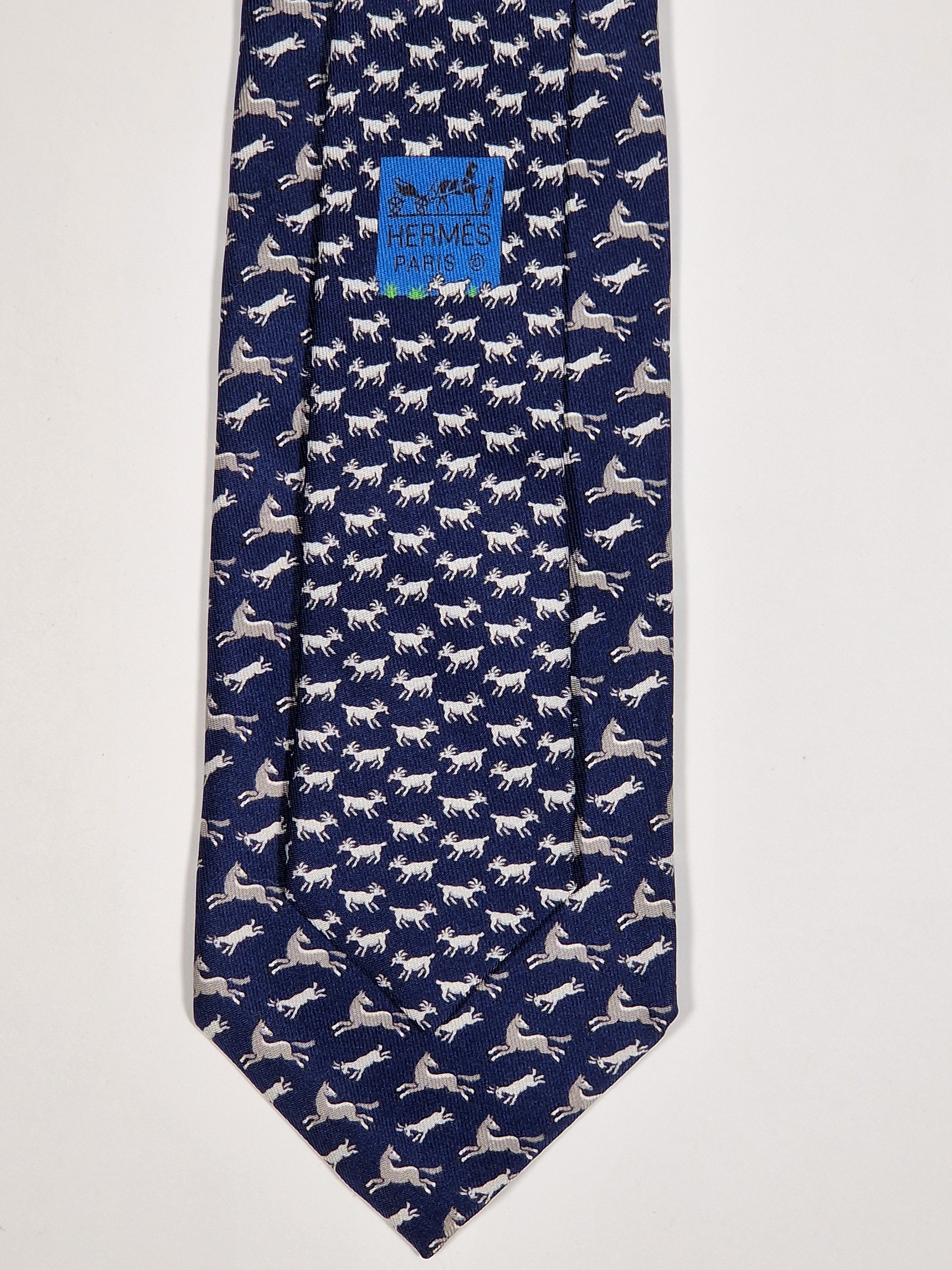 625800 Hermès silk tie blue whimsical angry goat and horse 625800 HA