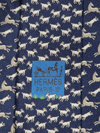 625800 Hermès silk tie blue whimsical angry goat and horse 625800 HA