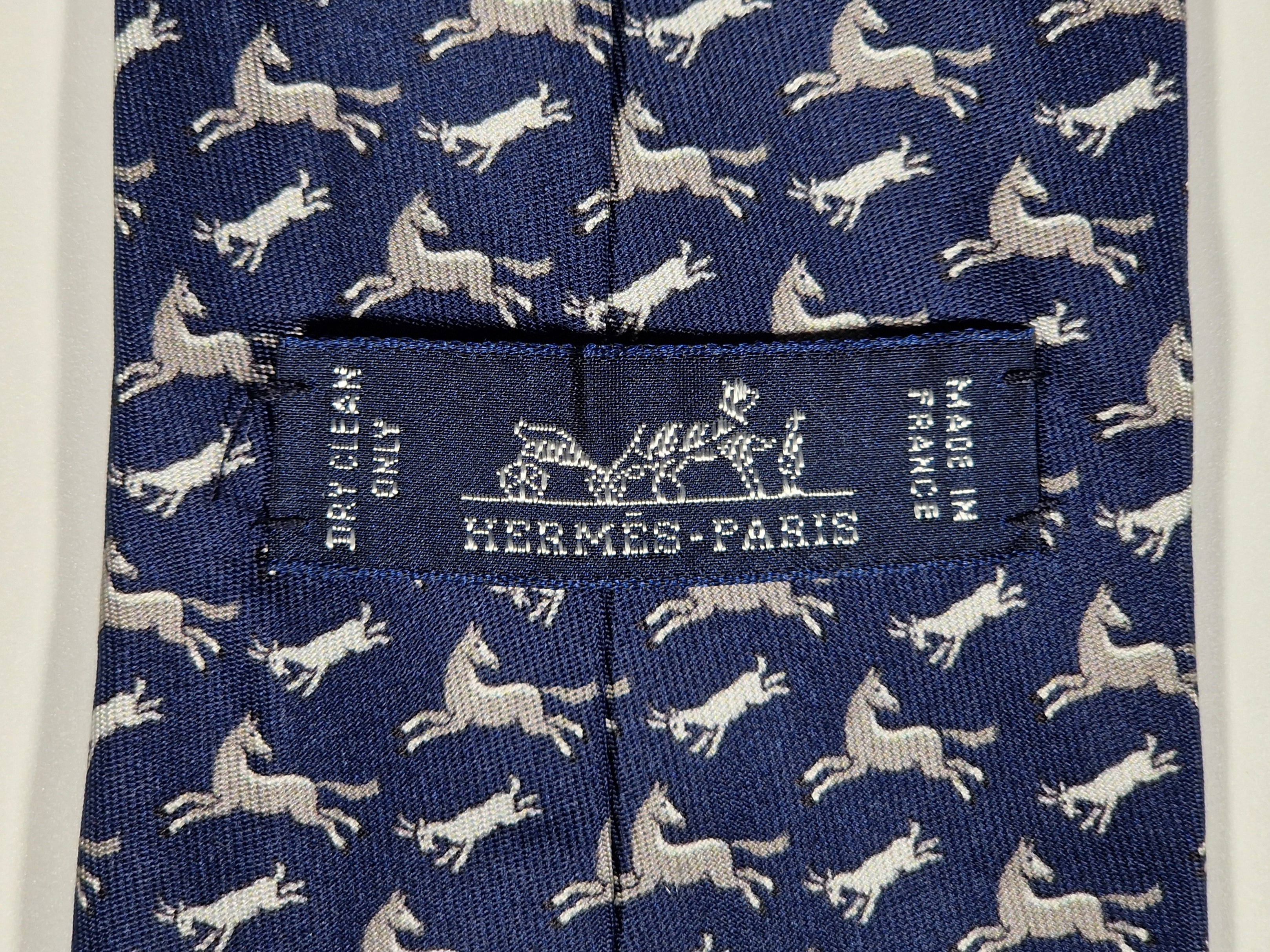 625800 Hermès silk tie blue whimsical angry goat and horse 625800 HA