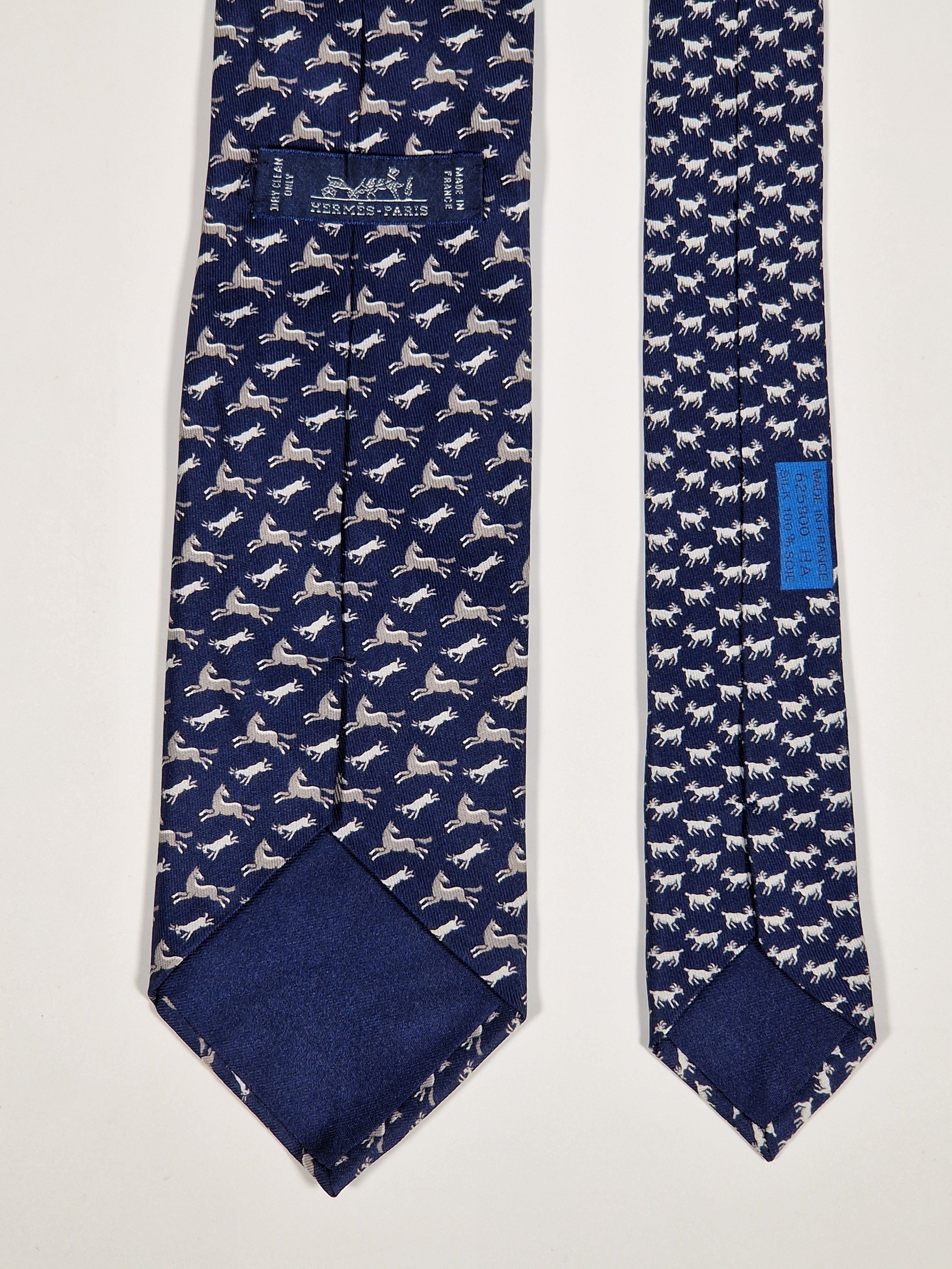 625800 Hermès silk tie blue whimsical angry goat and horse 625800 HA