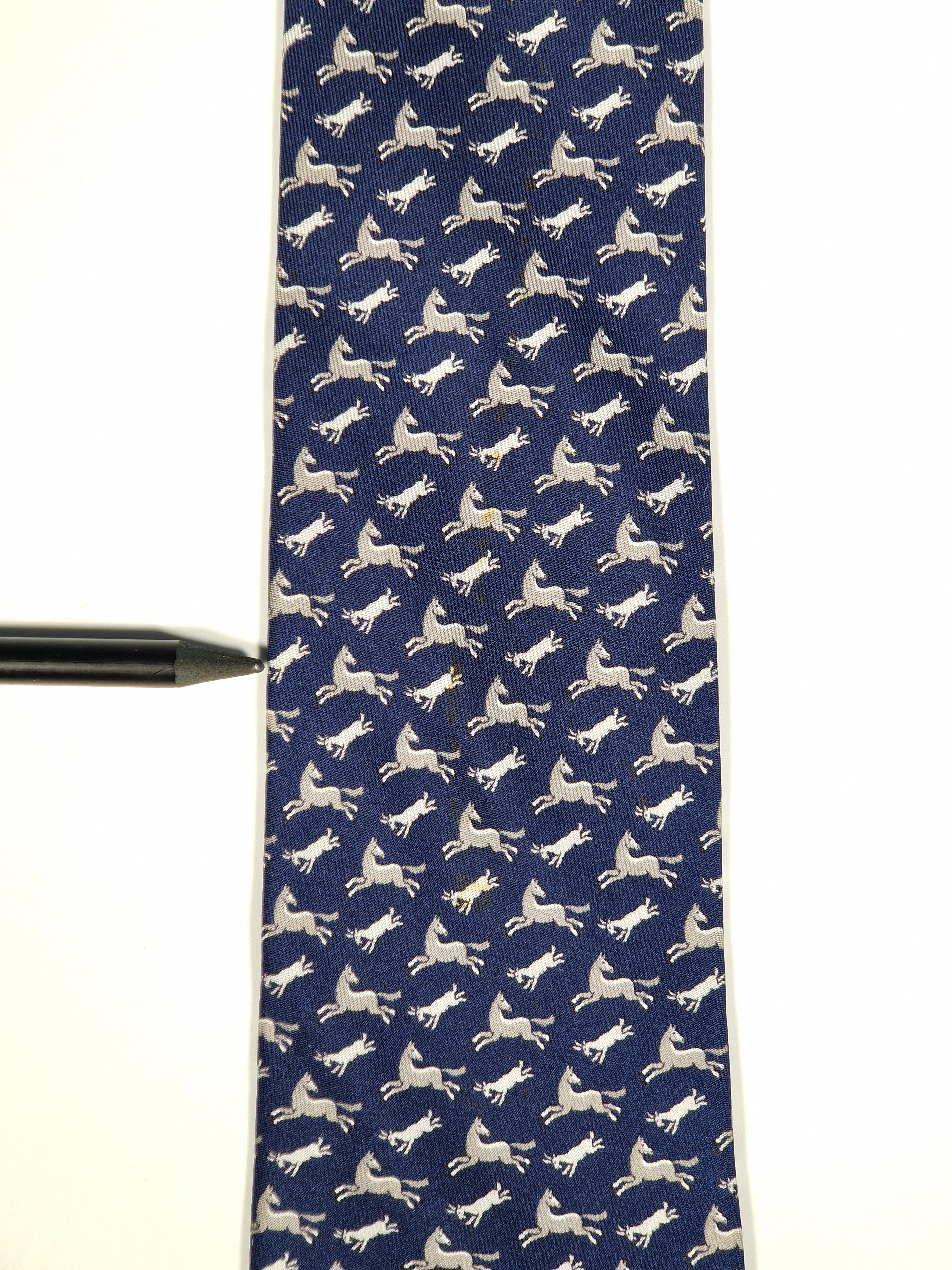 625800 Hermès silk tie blue whimsical angry goat and horse 625800 HA