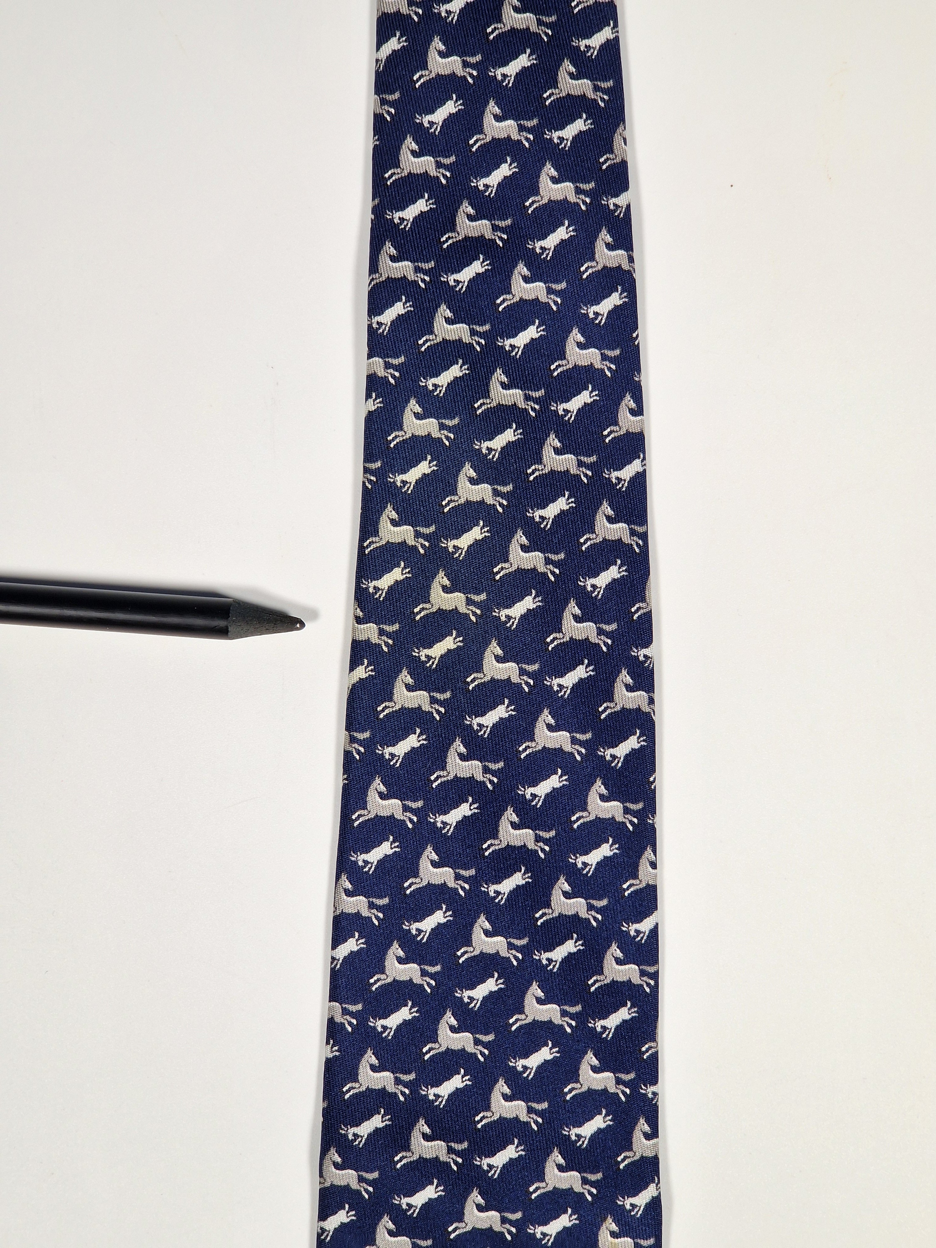 625800 Hermès silk tie blue whimsical angry goat and horse 625800 HA