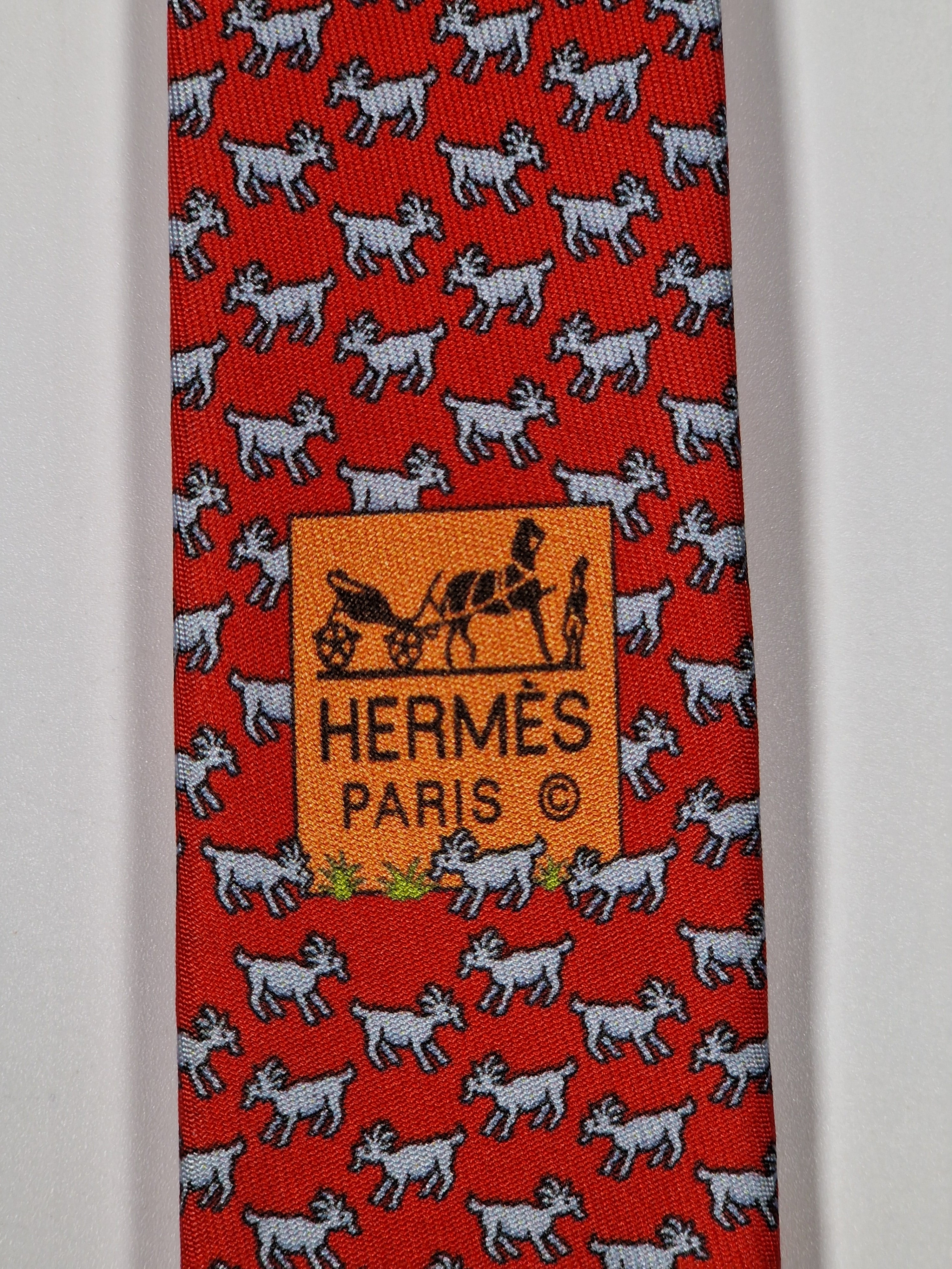 Hermès silk tie red whimsical horse and goat pattern 625800 HA