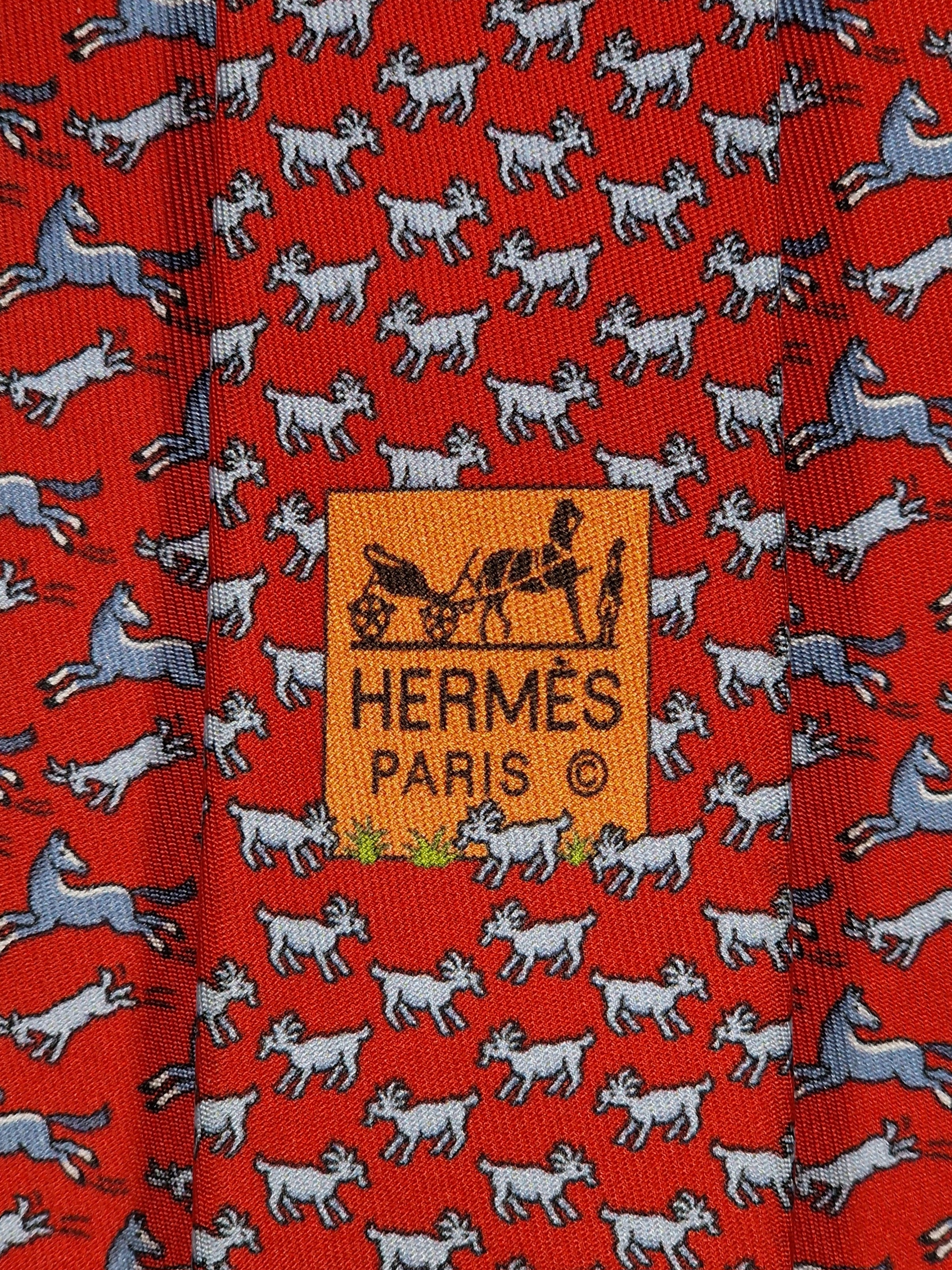 Hermès silk tie red whimsical horse and goat pattern 625800 HA