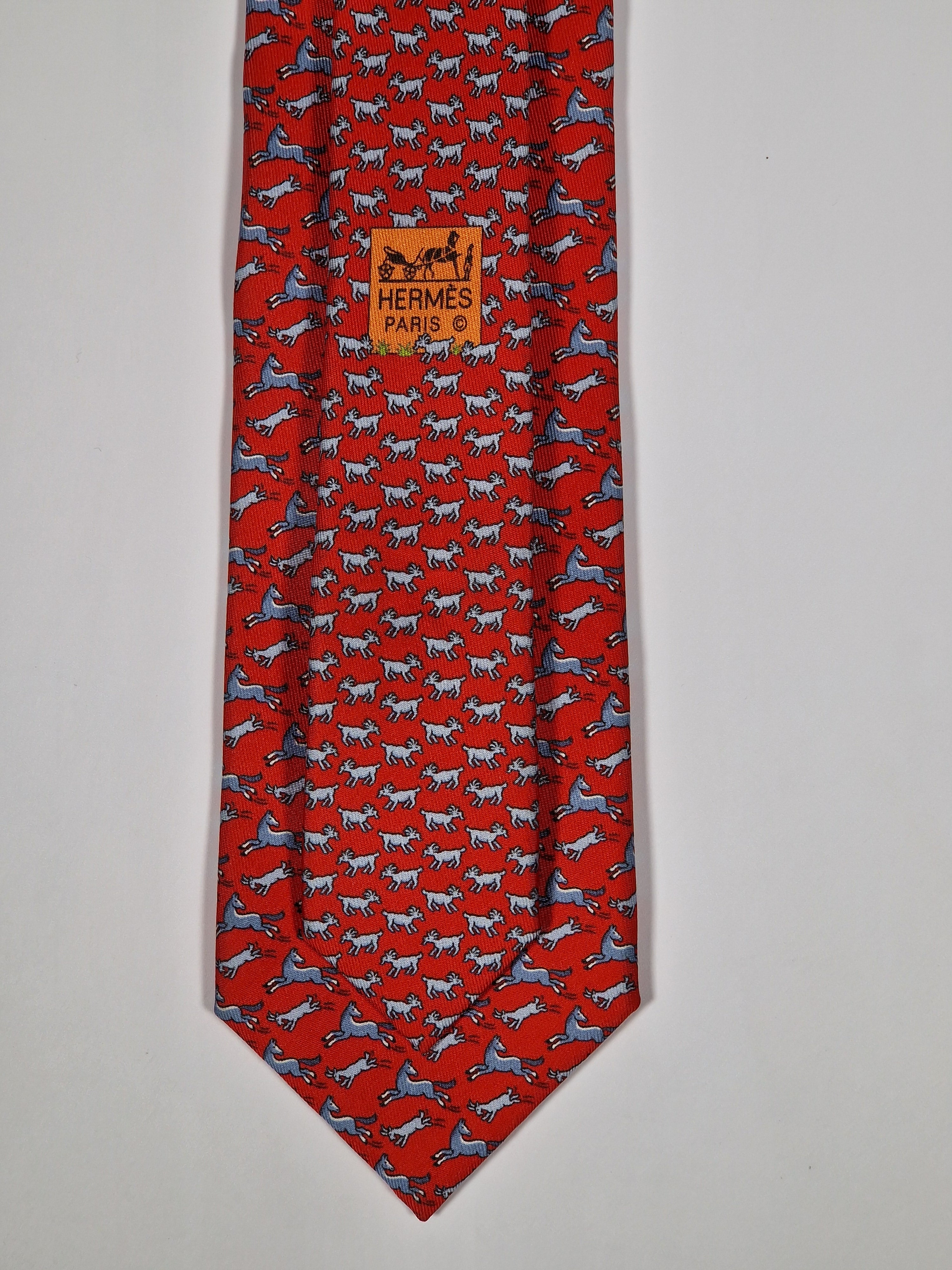Hermès silk tie red whimsical horse and goat pattern 625800 HA