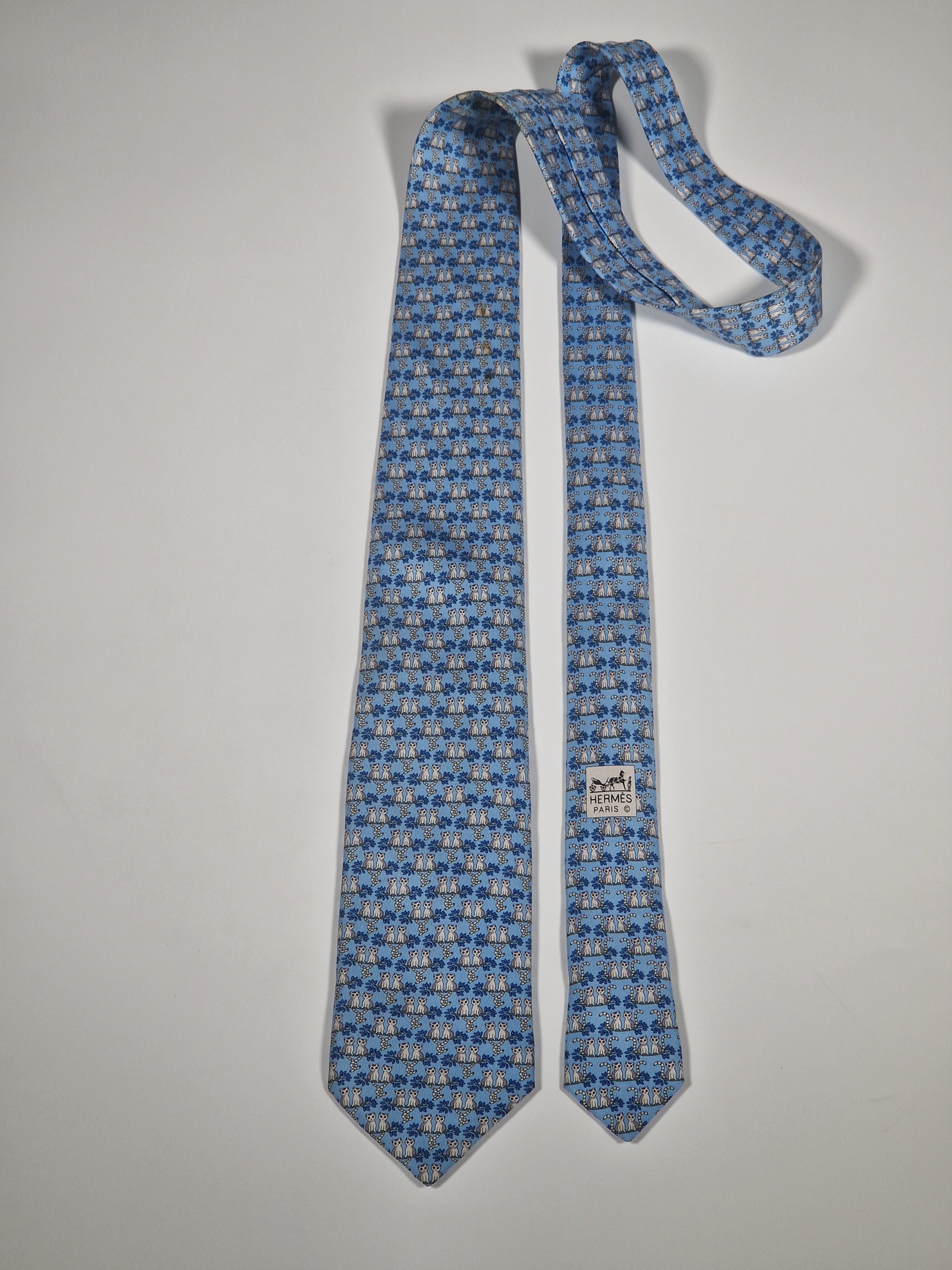 625891 Hermès silk tie blue whimsical lemures 625891 SA