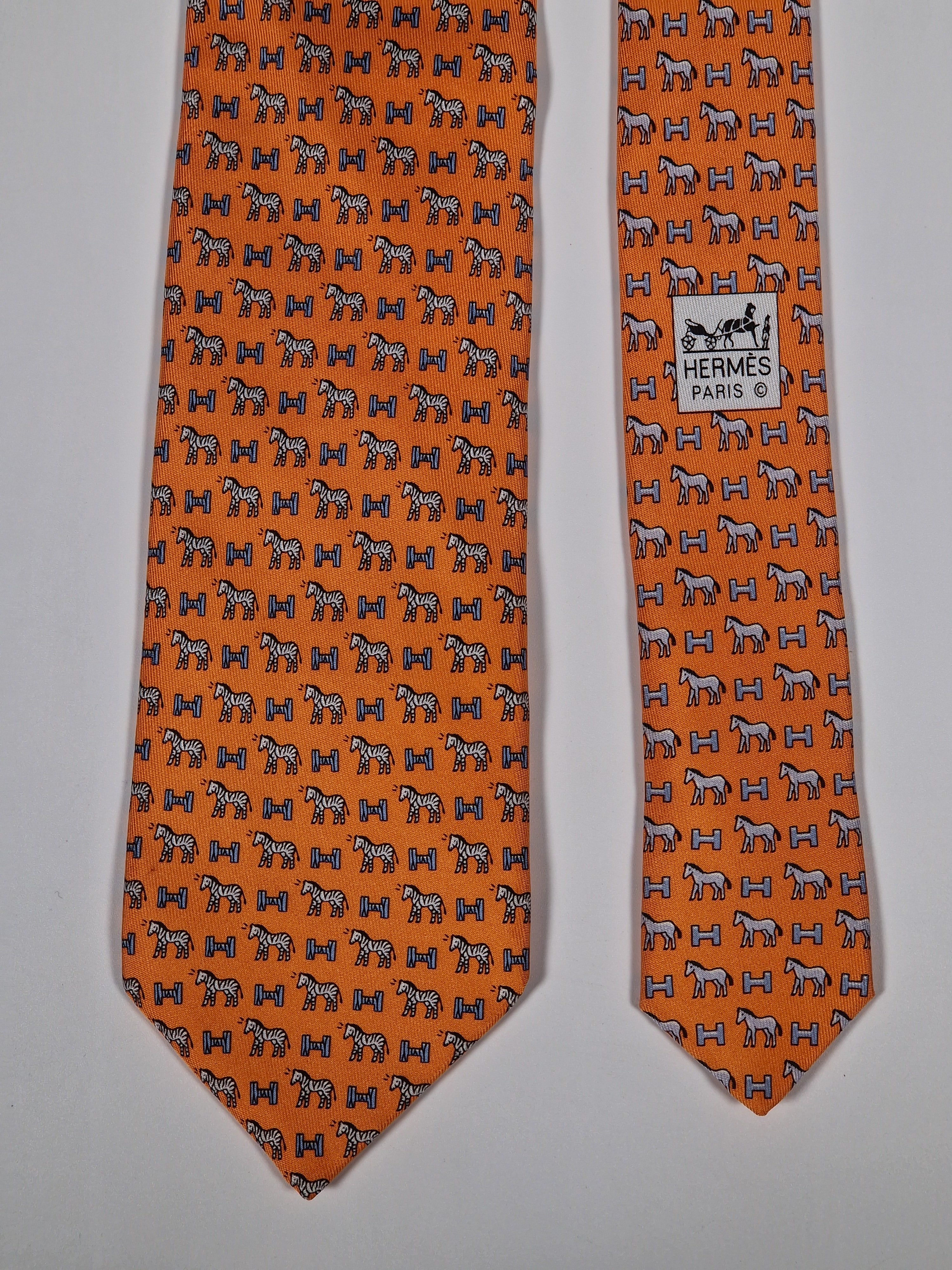 Hermès silk tie orange Horse Zebra H pattern 625897 SA