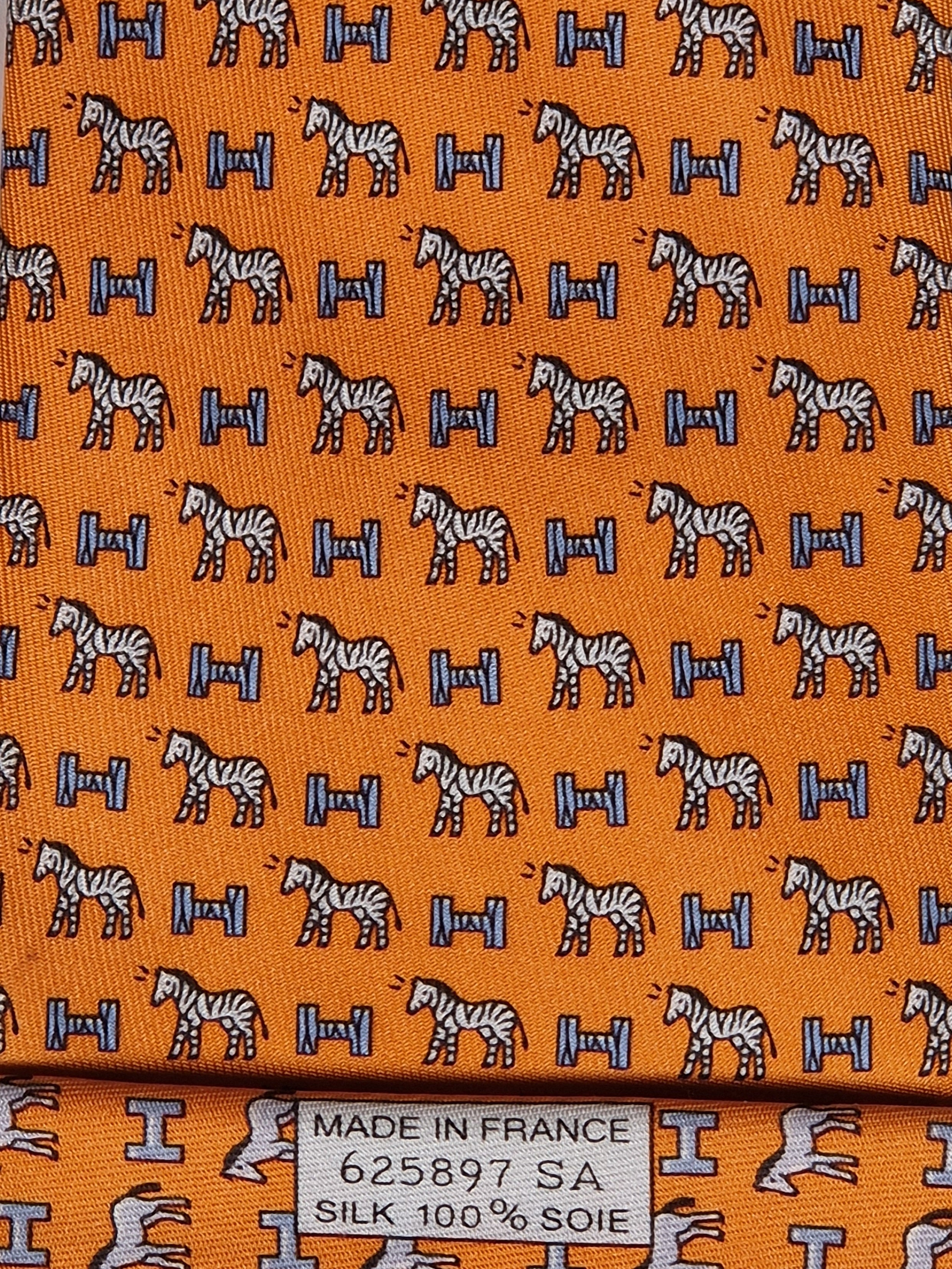 Hermès silk tie orange Horse Zebra H pattern 625897 SA