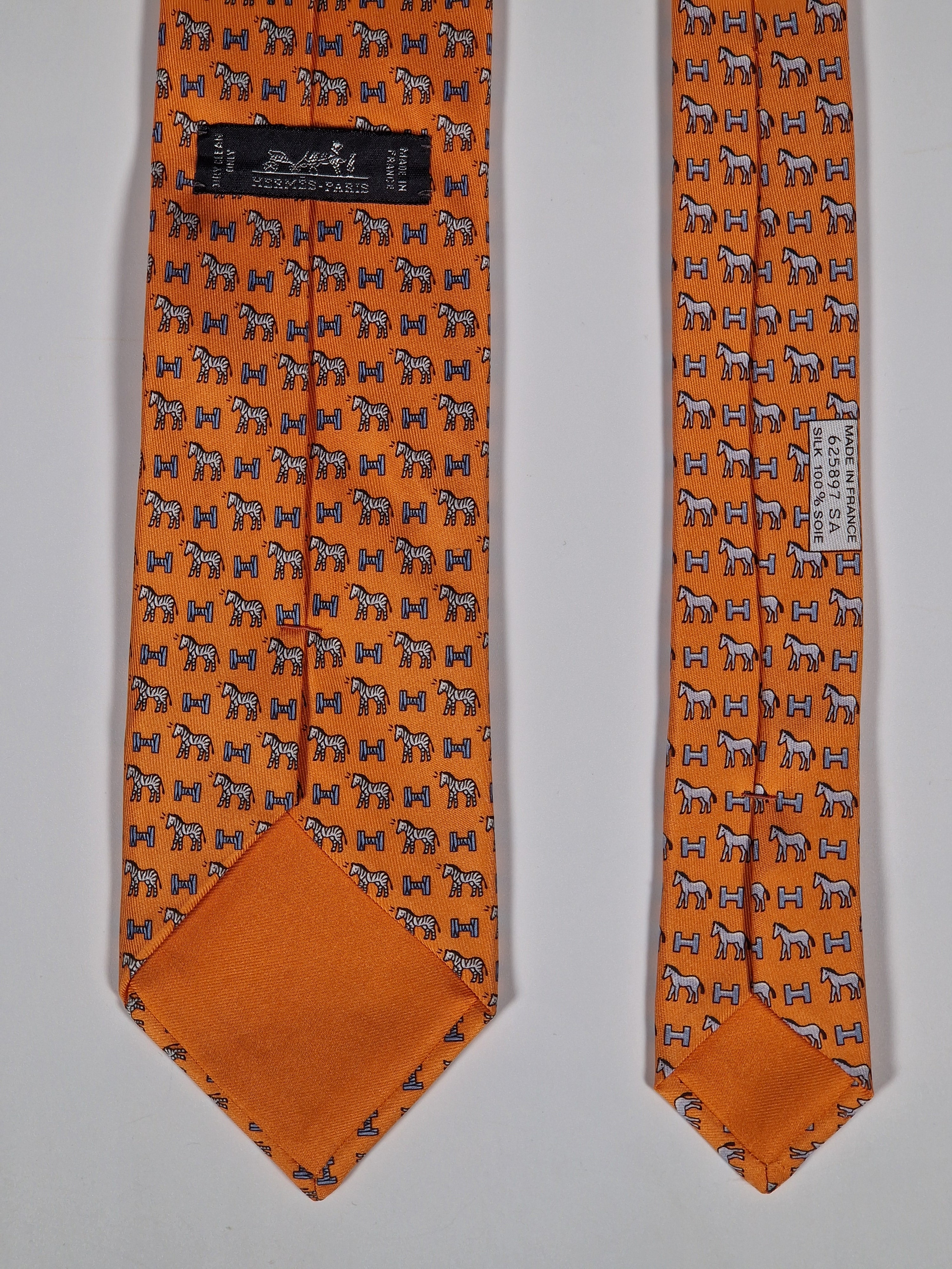 Hermès silk tie orange Horse Zebra H pattern 625897 SA