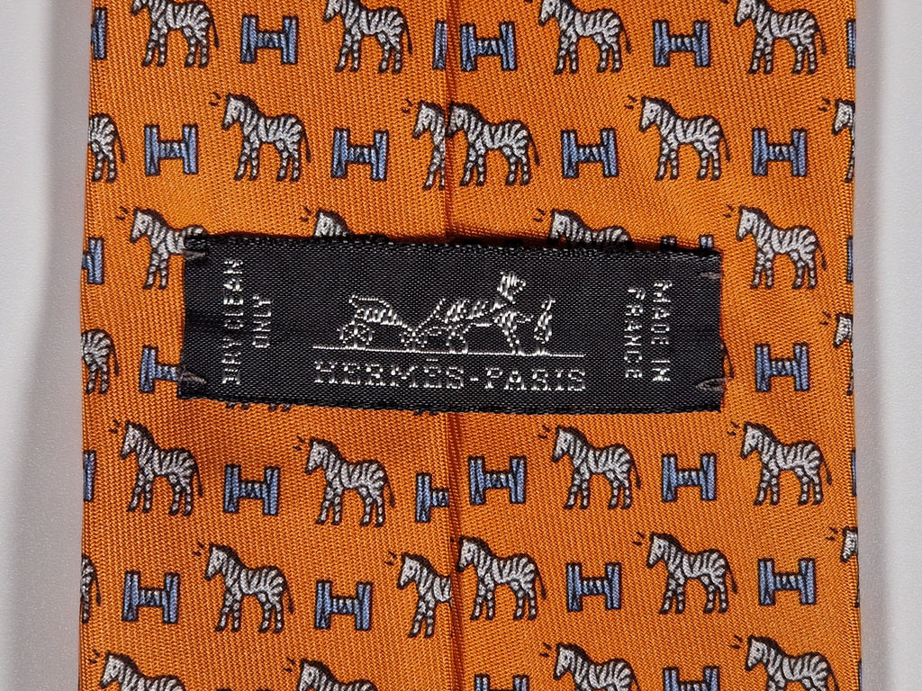 Hermès silk tie orange Horse Zebra H pattern 625897 SA