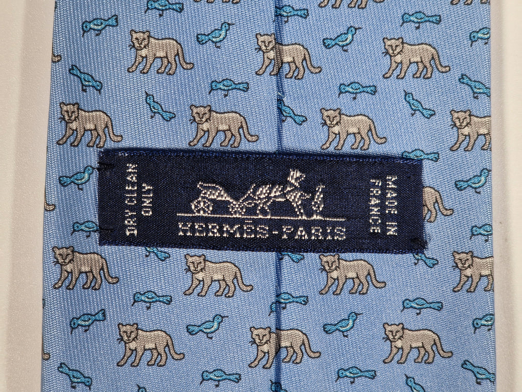 625923 Hermès tie blue bird and cat pattern 625923 SA