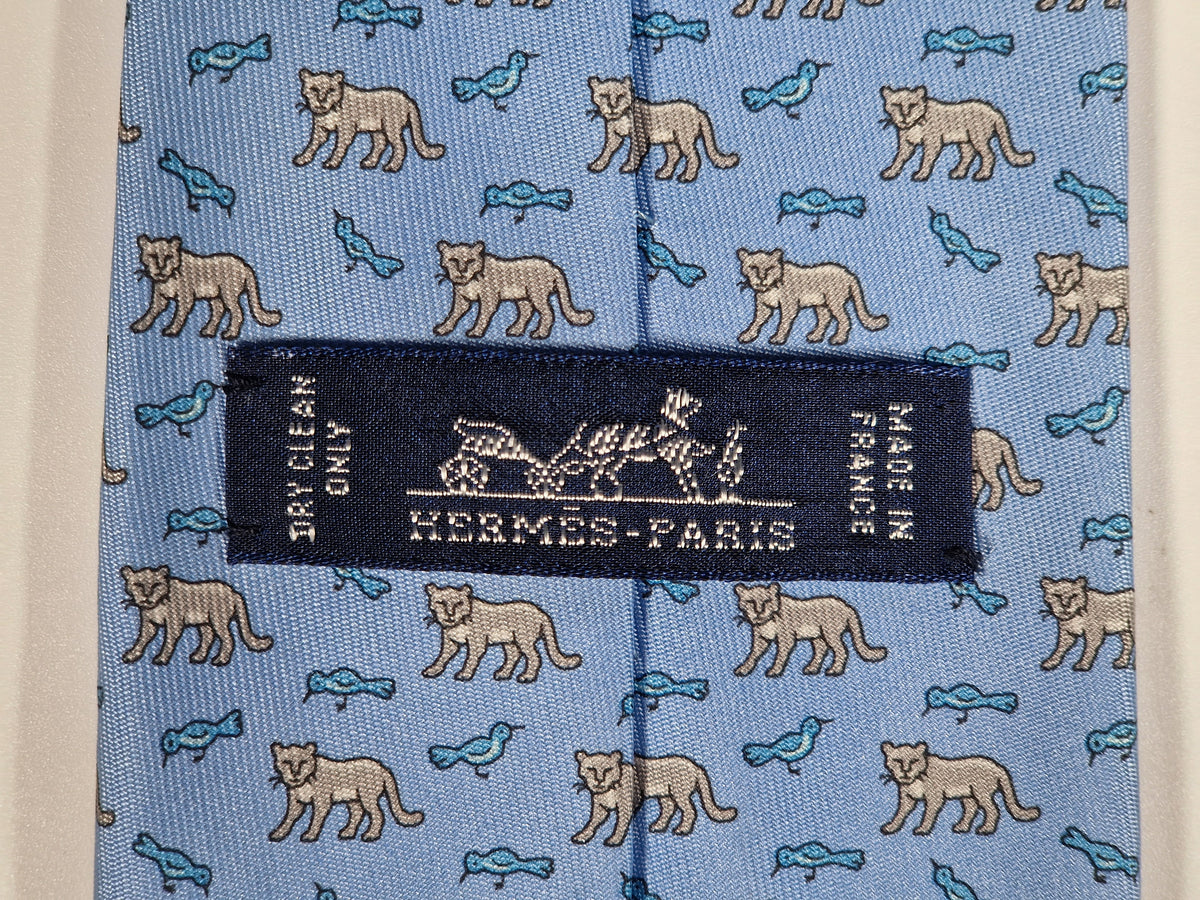 625923 Hermès tie blue bird and cat pattern 625923 SA