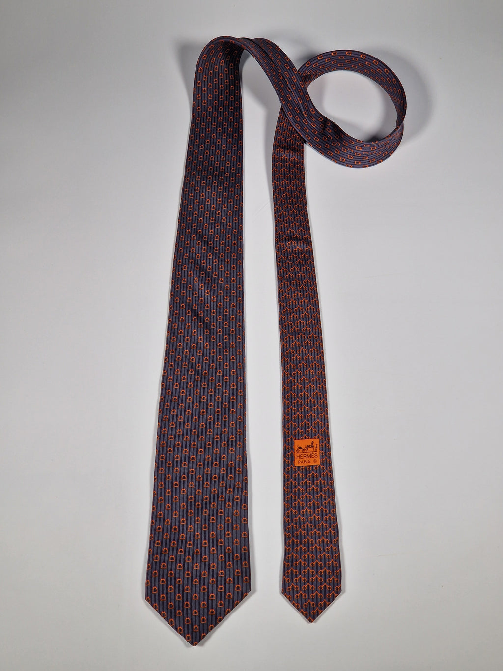 Hermès silk tie grey orange equestrian pattern 626009 OA