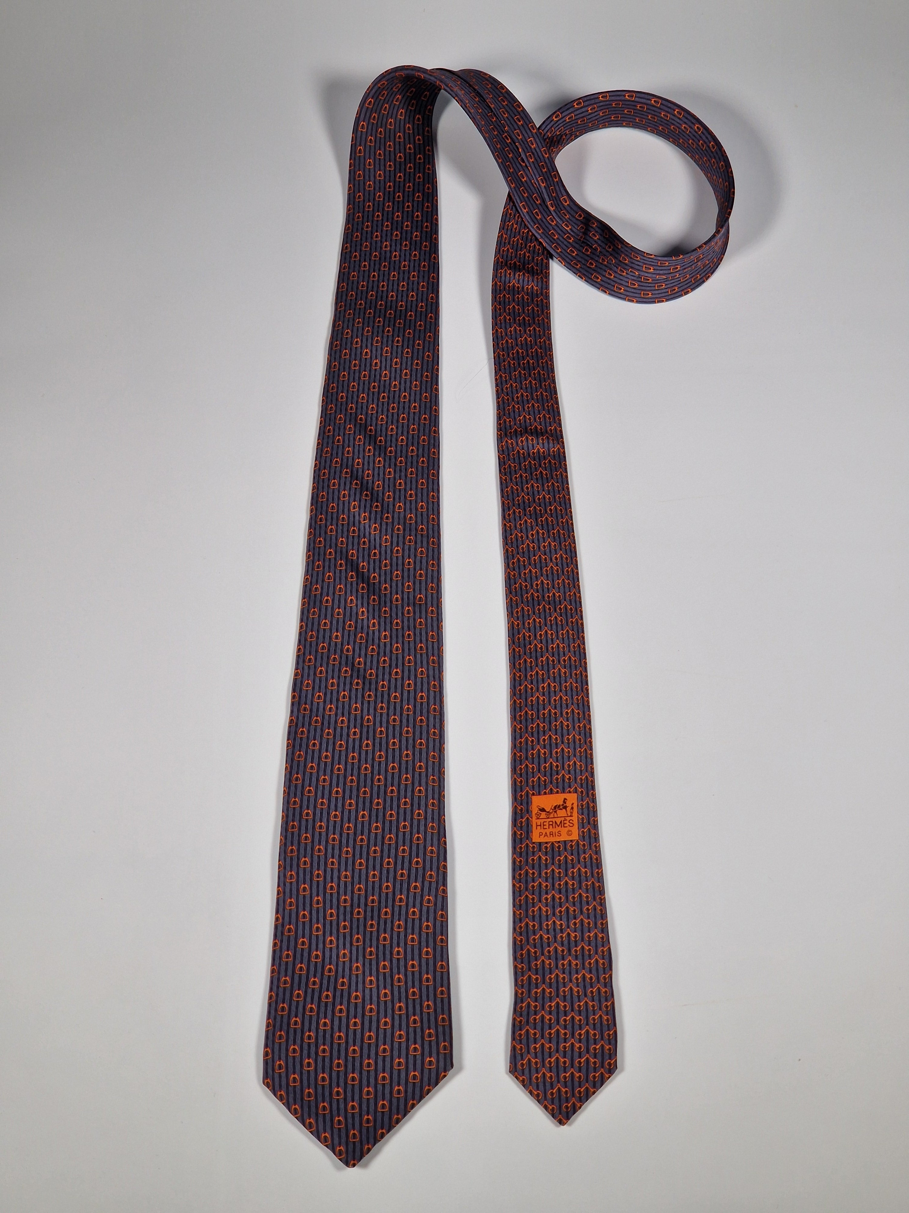 Hermès silk tie grey orange equestrian pattern 626009 OA
