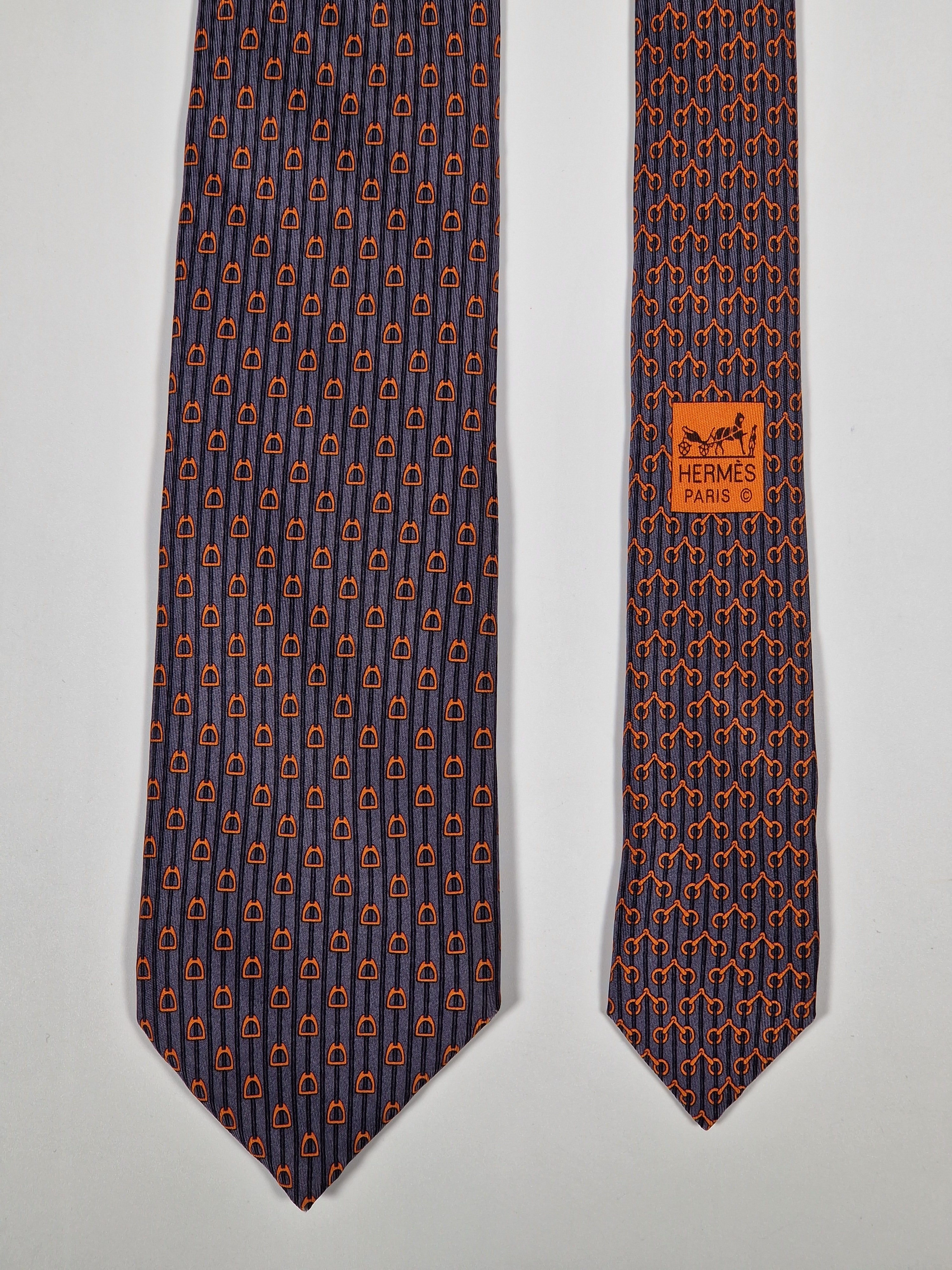 Hermès silk tie grey orange equestrian pattern 626009 OA