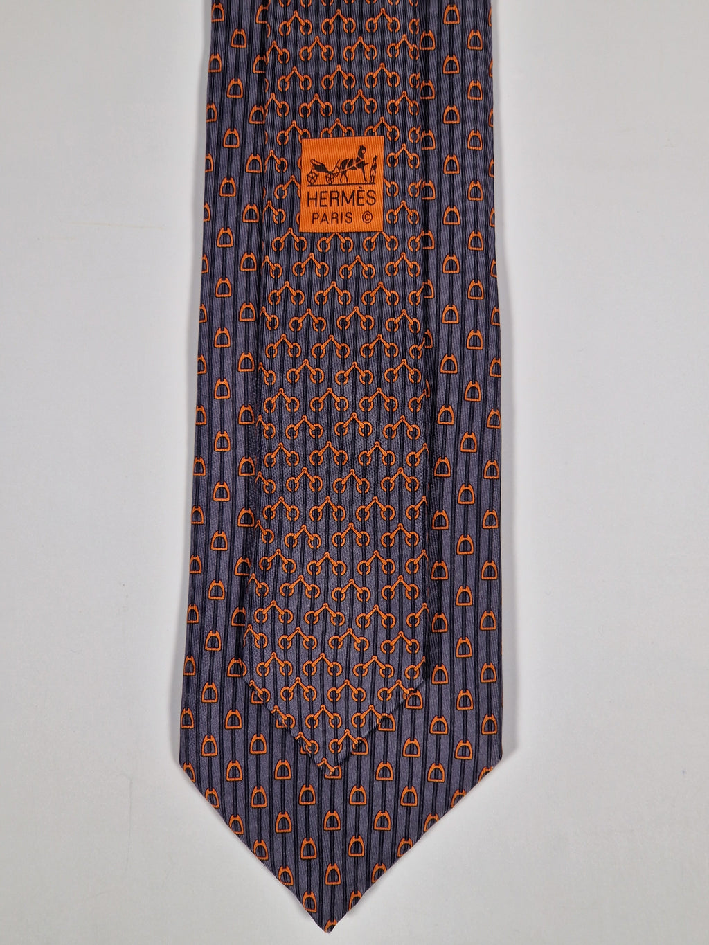 Hermès silk tie grey orange equestrian pattern 626009 OA