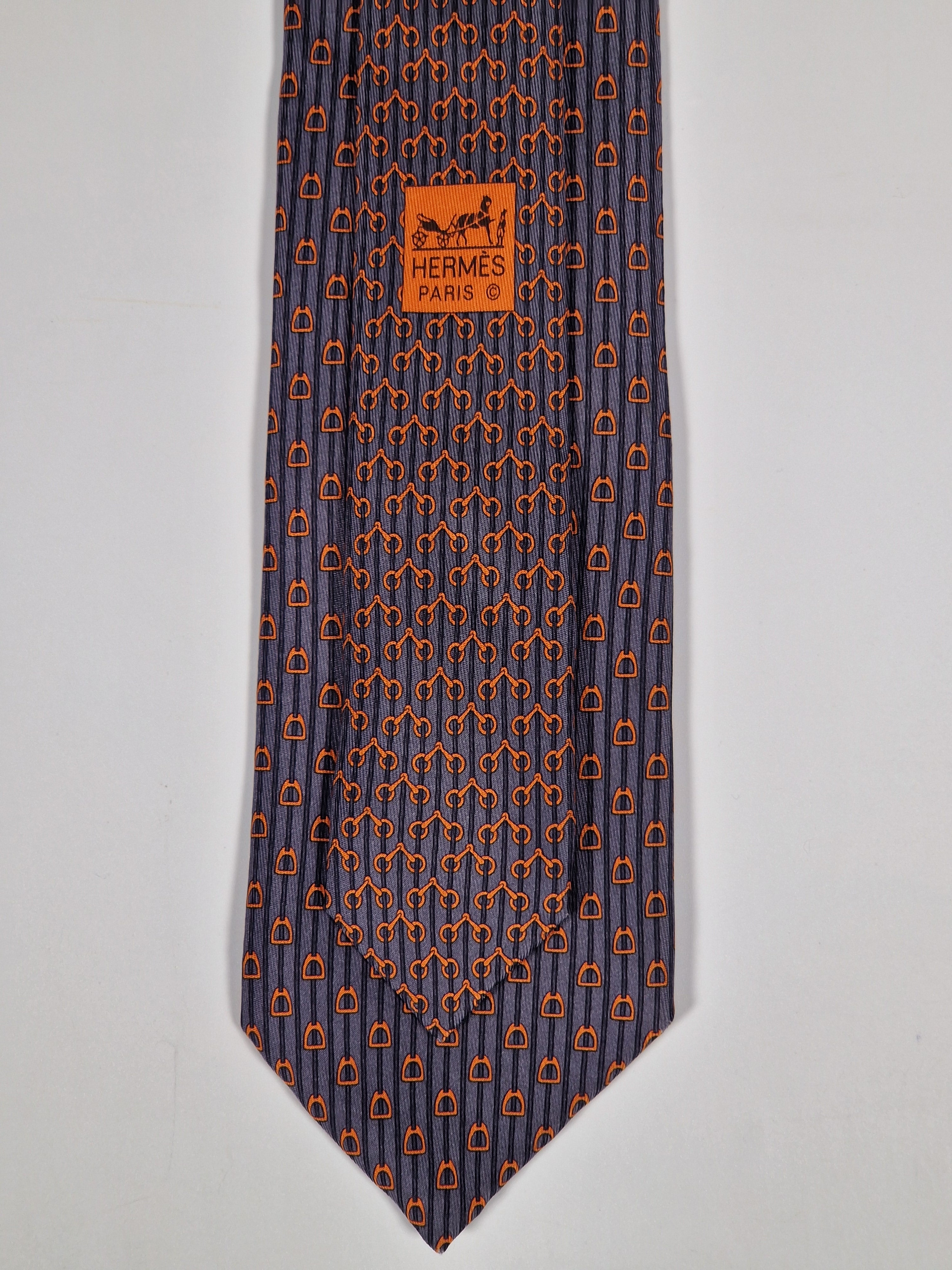 Hermès silk tie grey orange equestrian pattern 626009 OA