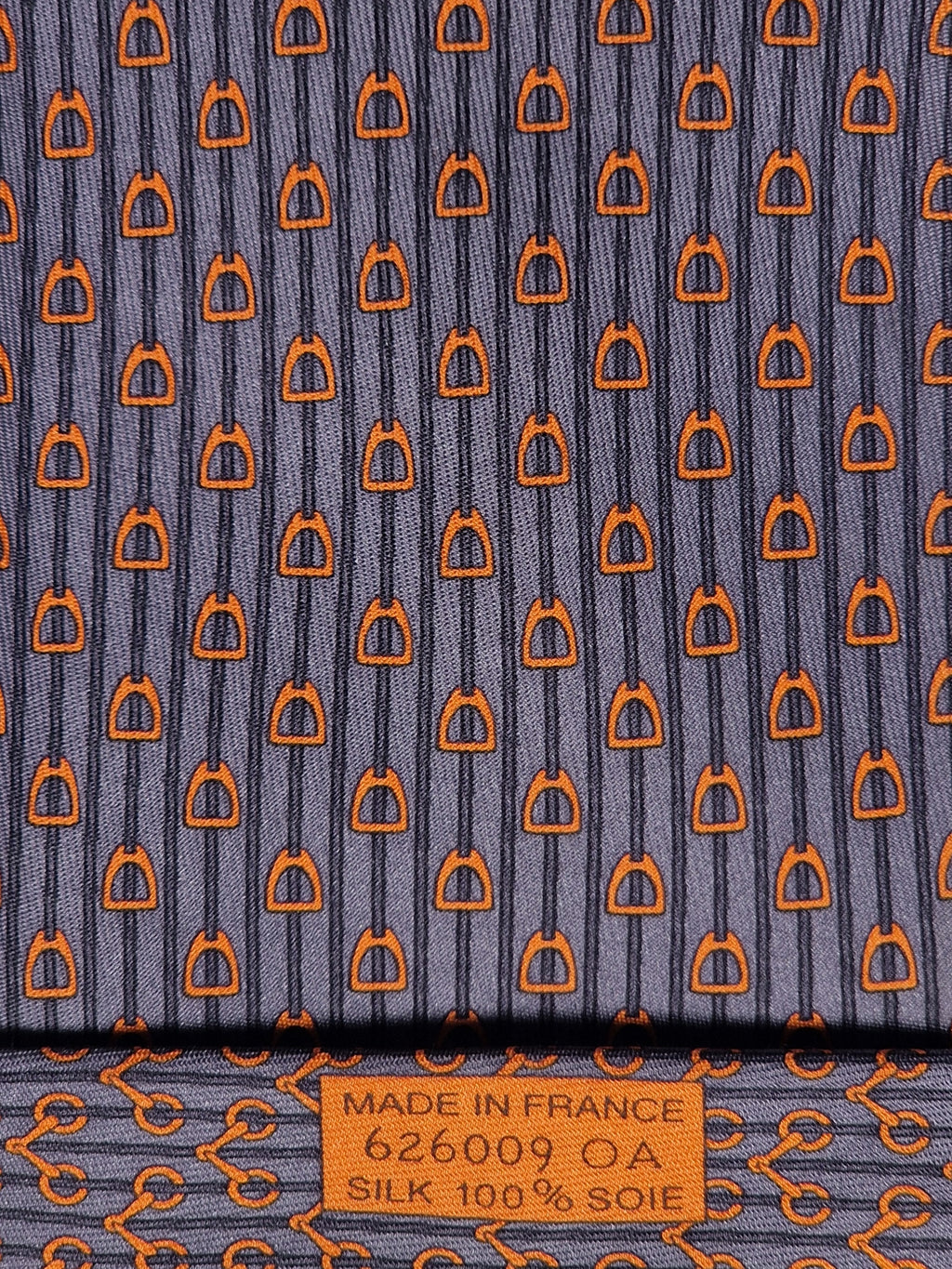 Hermès silk tie grey orange equestrian pattern 626009 OA