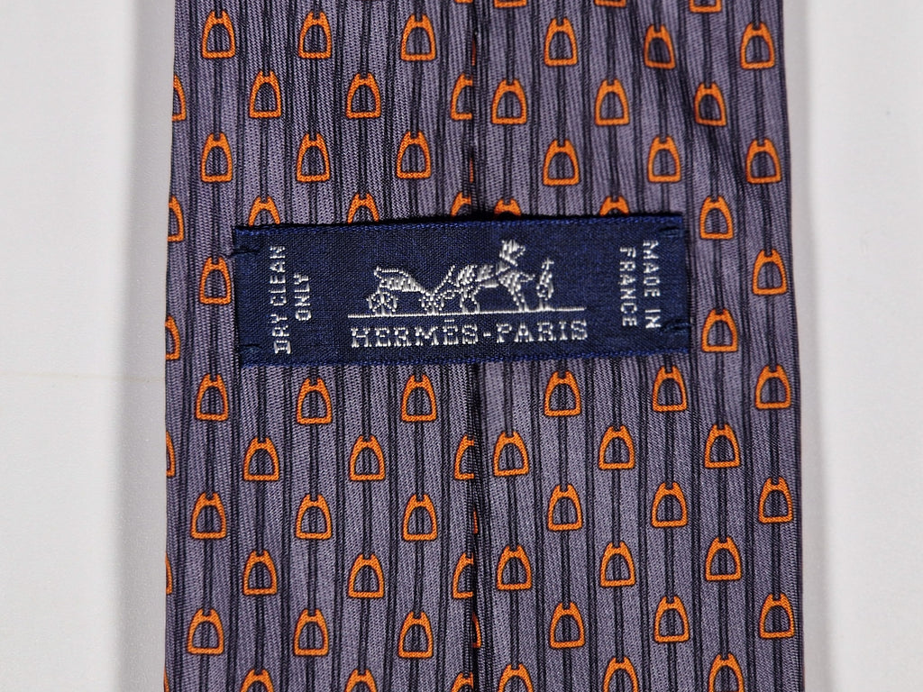 Hermès silk tie grey orange equestrian pattern 626009 OA