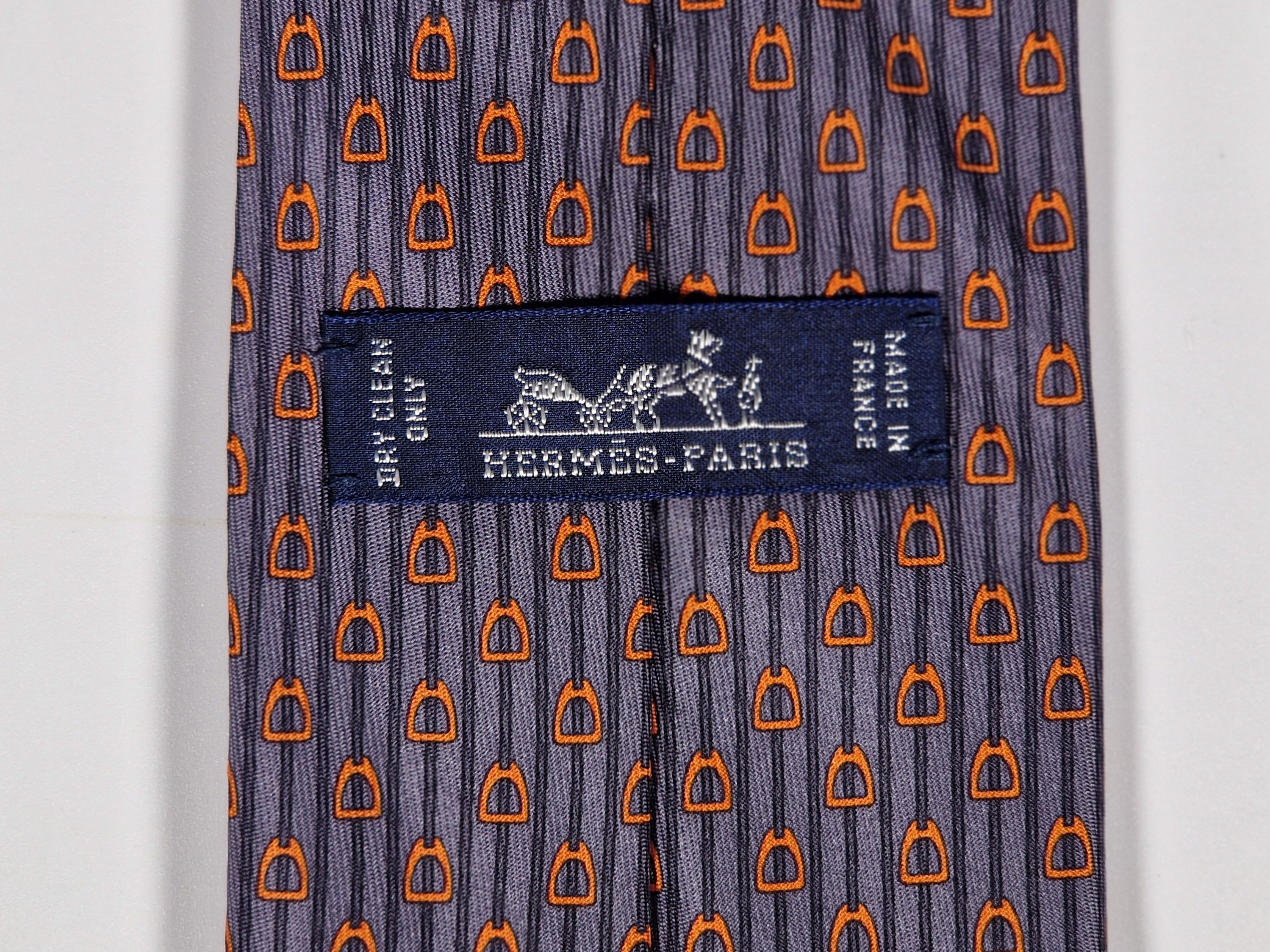 Hermès silk tie grey orange equestrian pattern 626009 OA