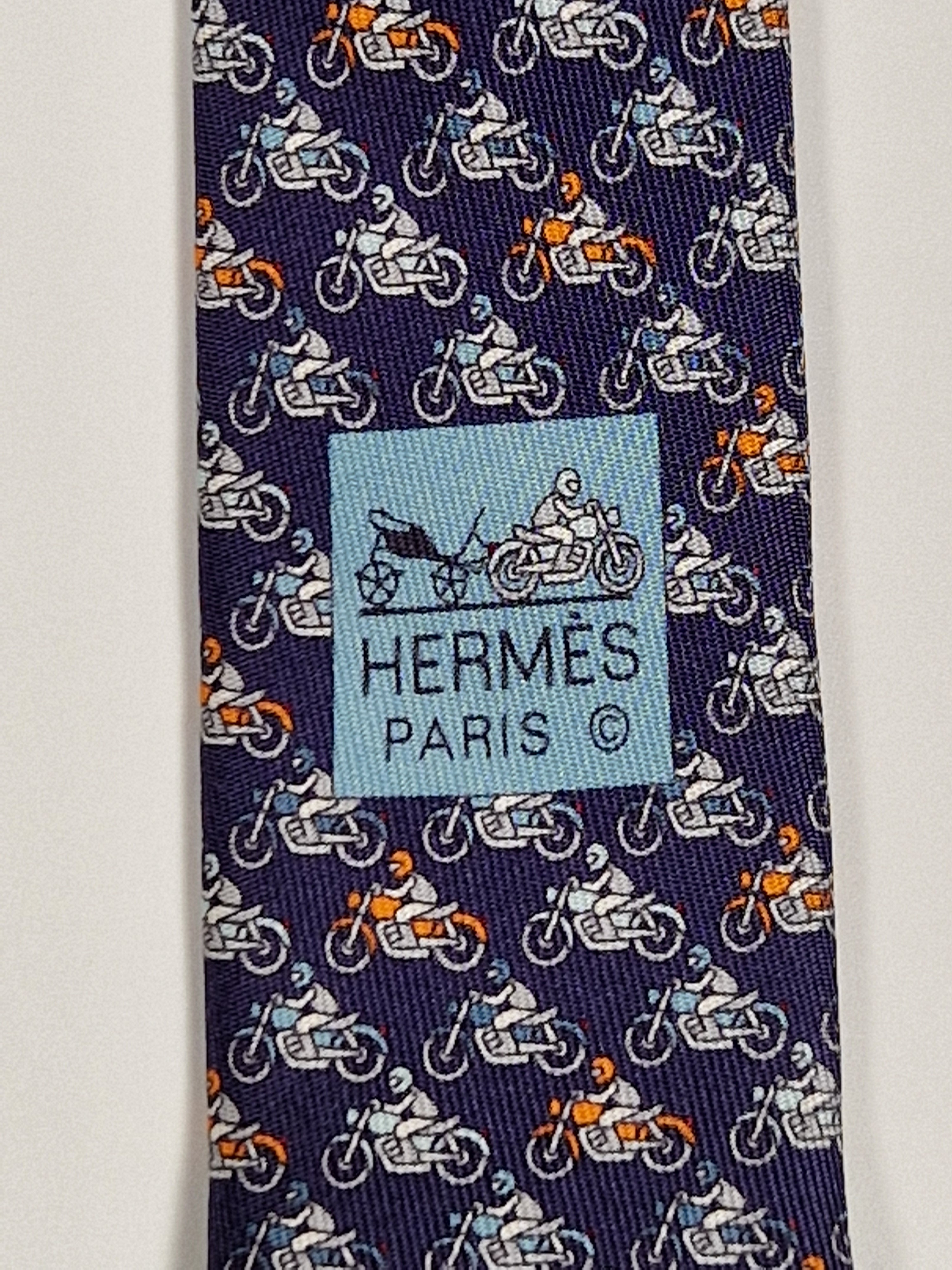 Hermès silk tie blue motorcycle pattern 626089 FA