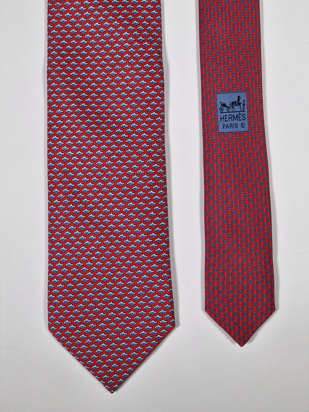 Hermès silk tie red fish and scarf ring whimsical pattern 626142 UA
