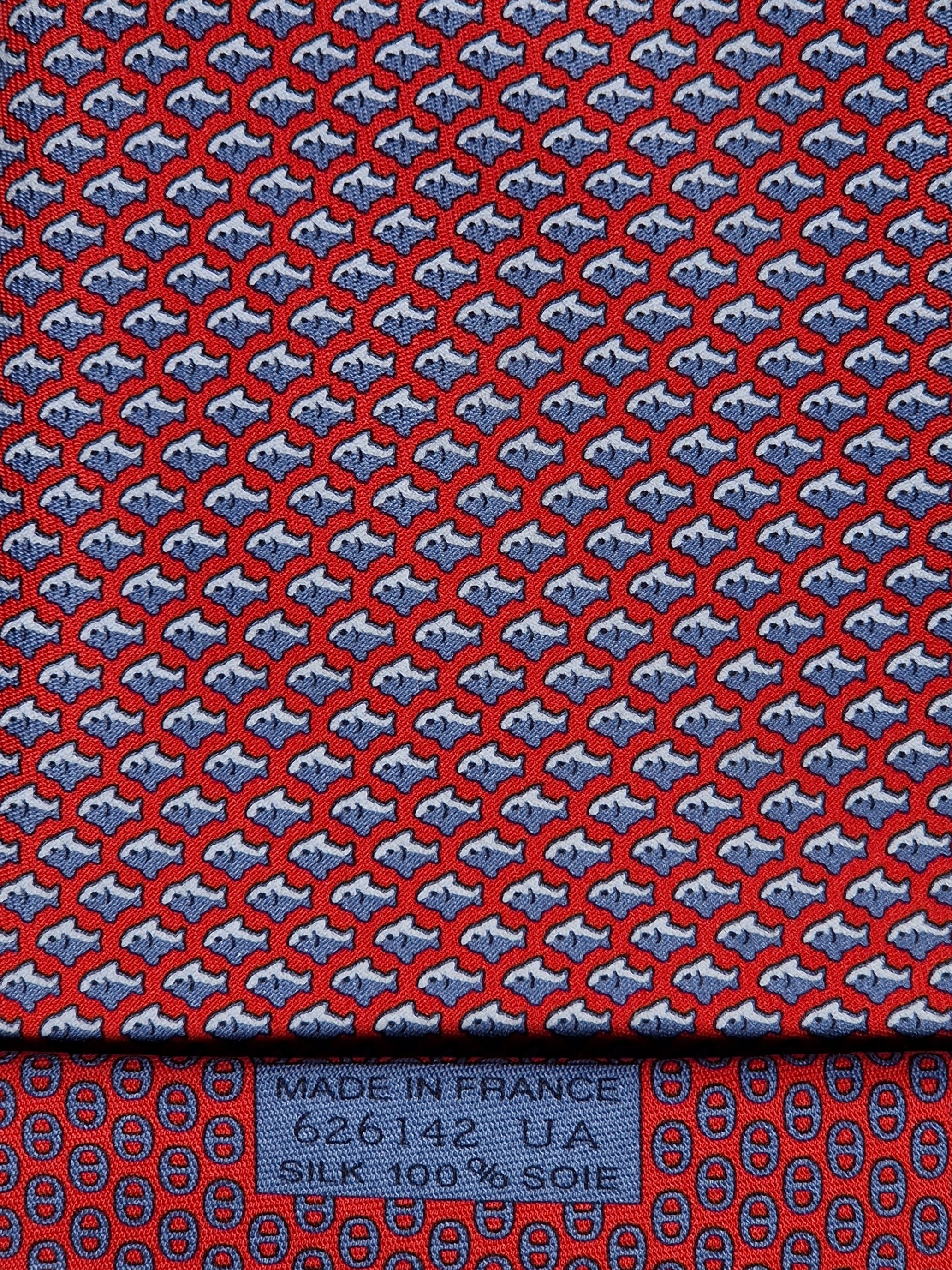Hermès silk tie red fish and scarf ring whimsical pattern 626142 UA