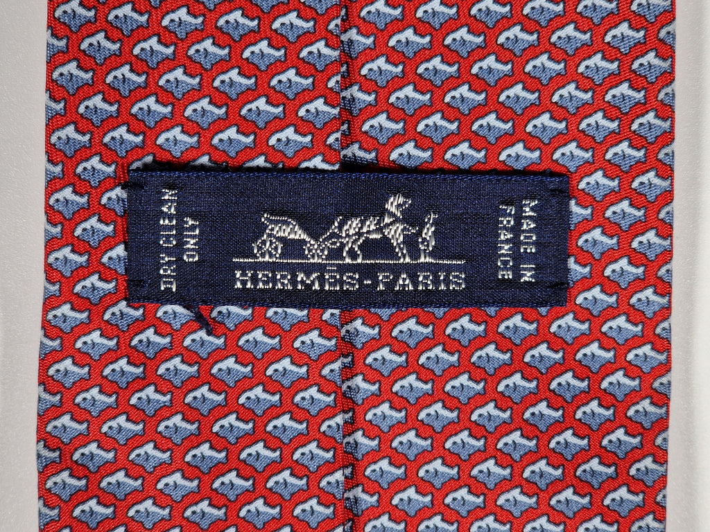 Hermès silk tie red fish and scarf ring whimsical pattern 626142 UA