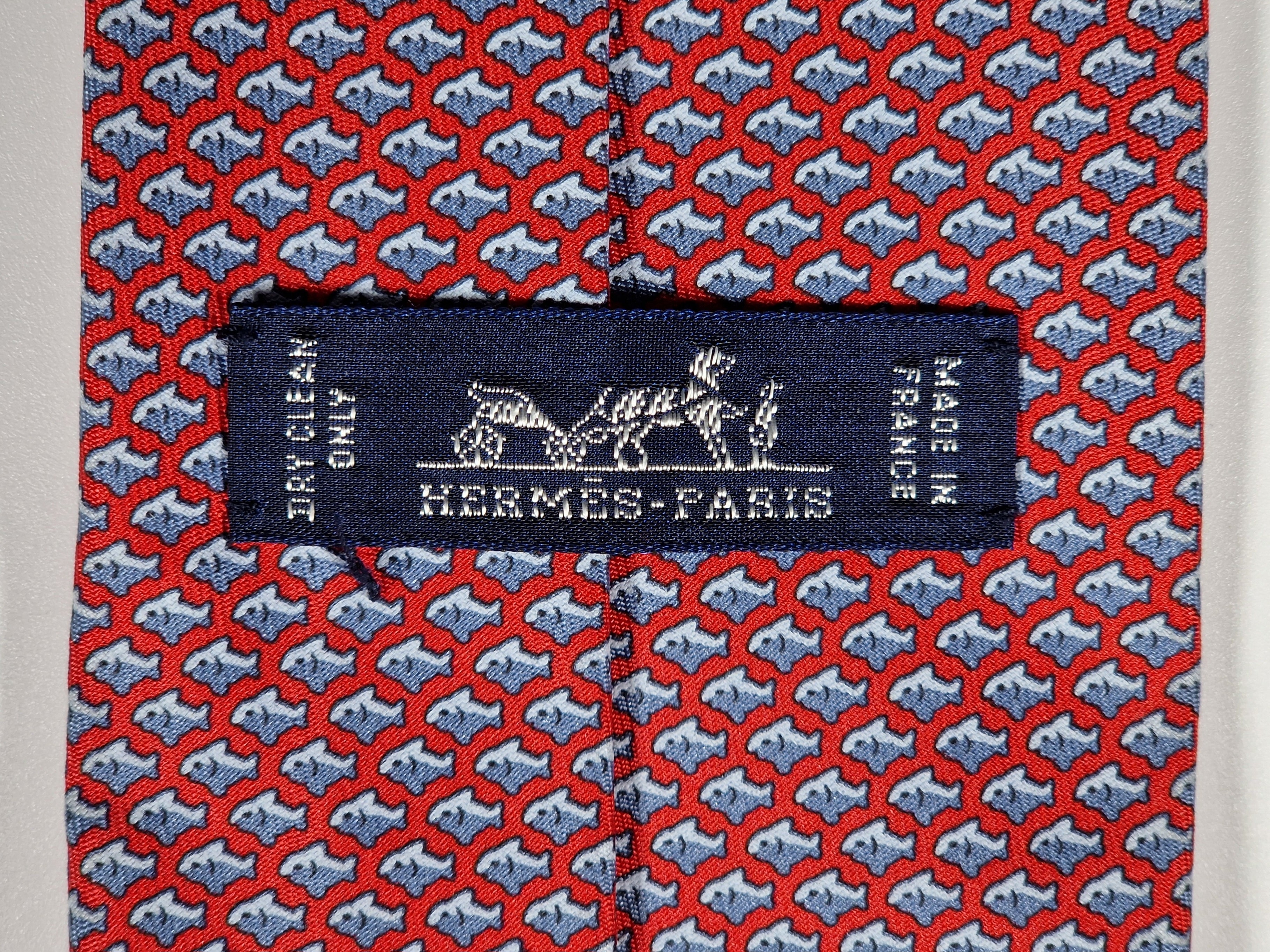 Hermès silk tie red fish and scarf ring whimsical pattern 626142 UA