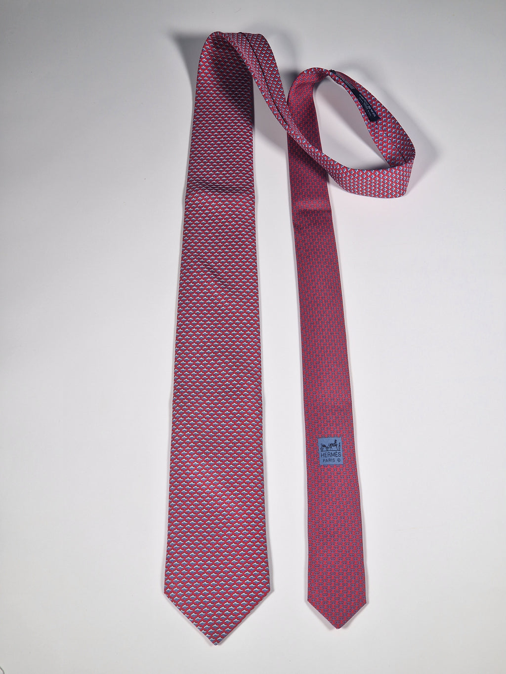Hermès silk tie red fish and scarf ring whimsical pattern 626142 UA
