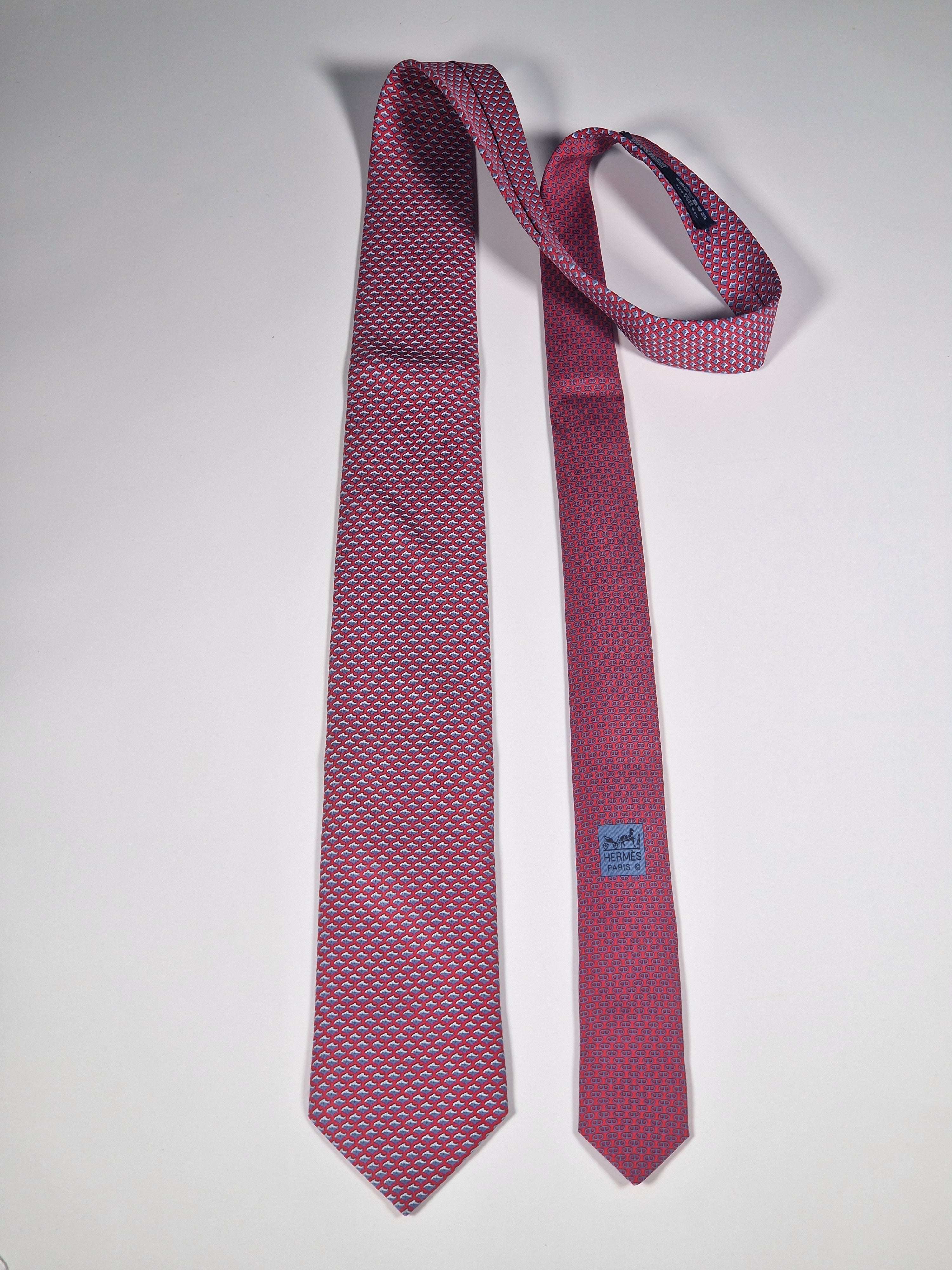 Hermès silk tie red fish and scarf ring whimsical pattern 626142 UA