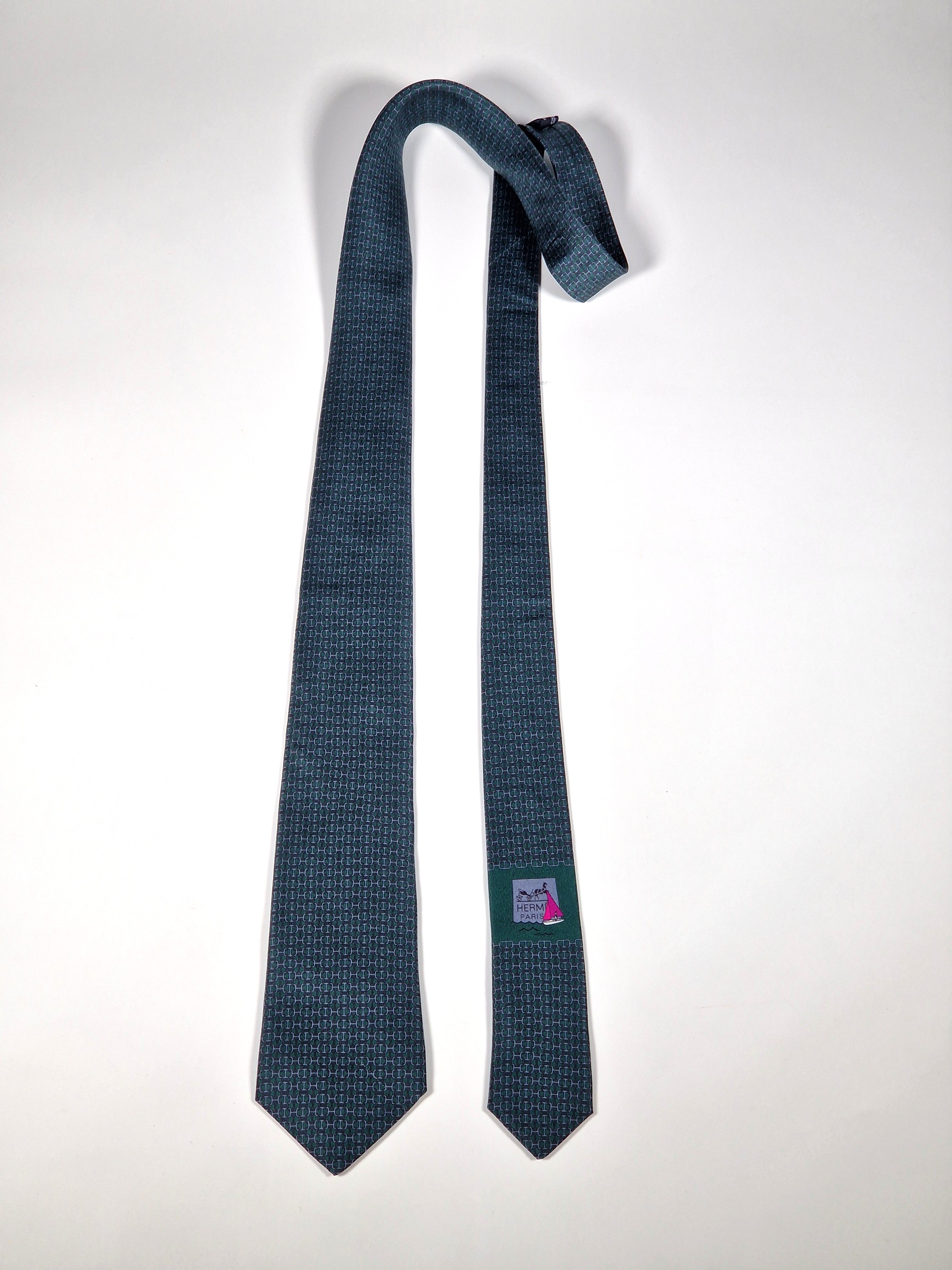 Hermès silk tie green chain pattern and sailboat 6323 PA