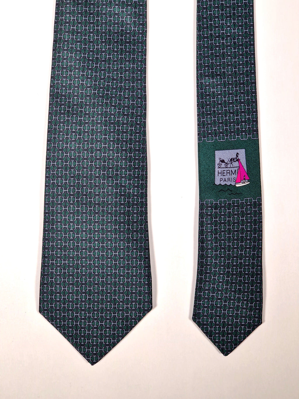 Hermès silk tie green chain pattern and sailboat 6323 PA