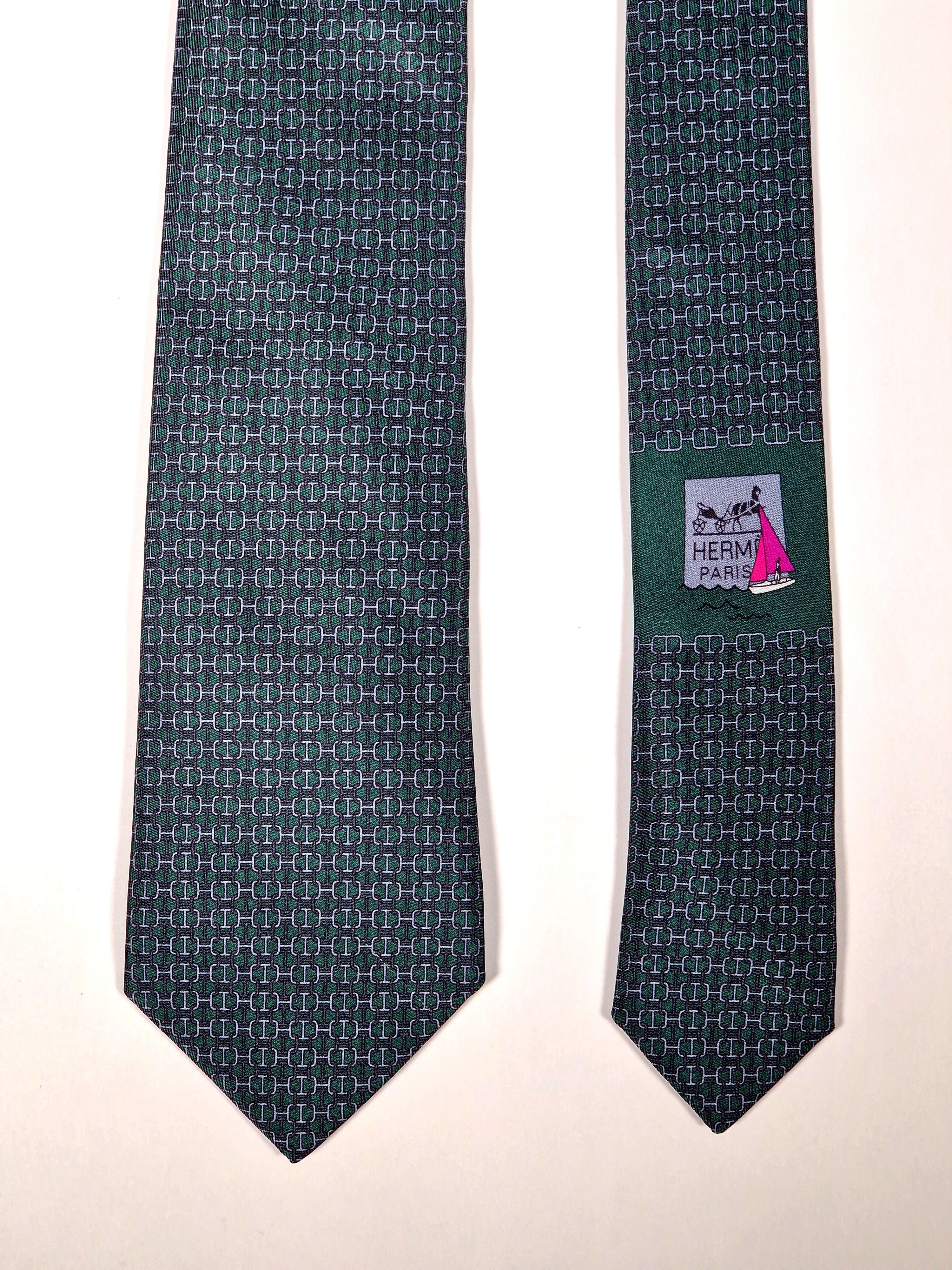 Hermès silk tie green chain pattern and sailboat 6323 PA
